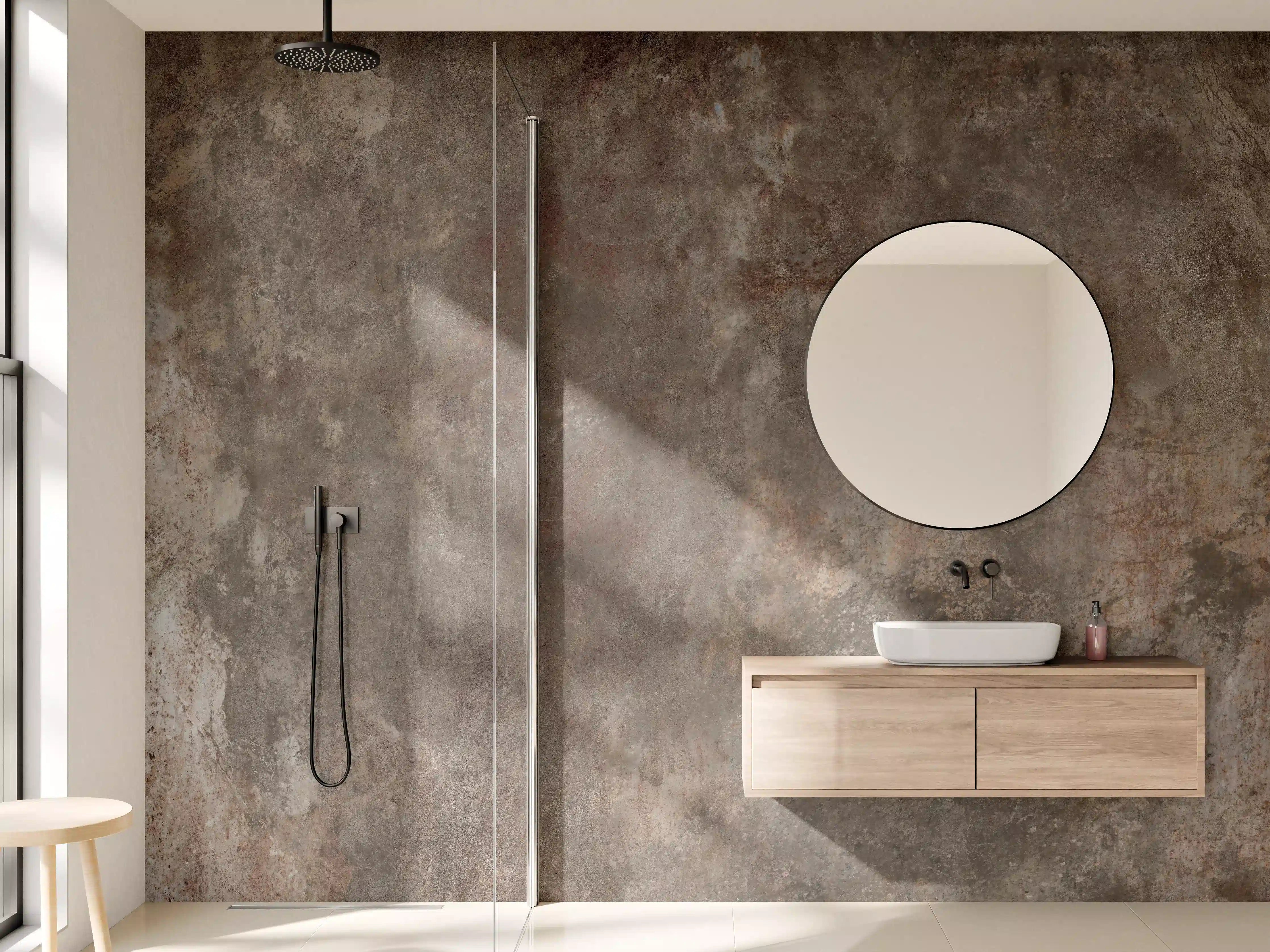 Wandverkleidung Bad - Rustikale Metalltextur mit Erdelementen