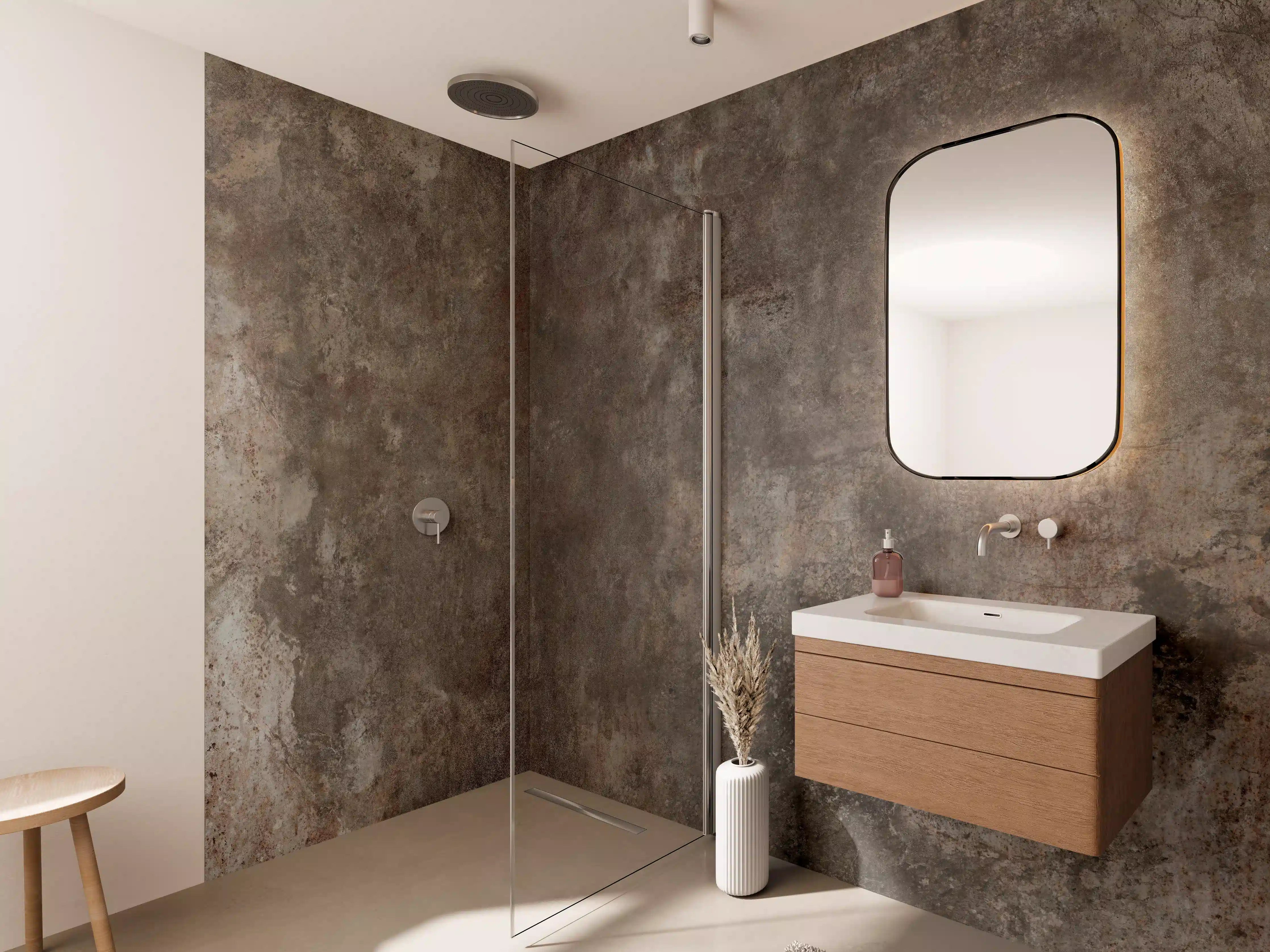 Wandverkleidung Bad - Rustikale Metalltextur mit Erdelementen