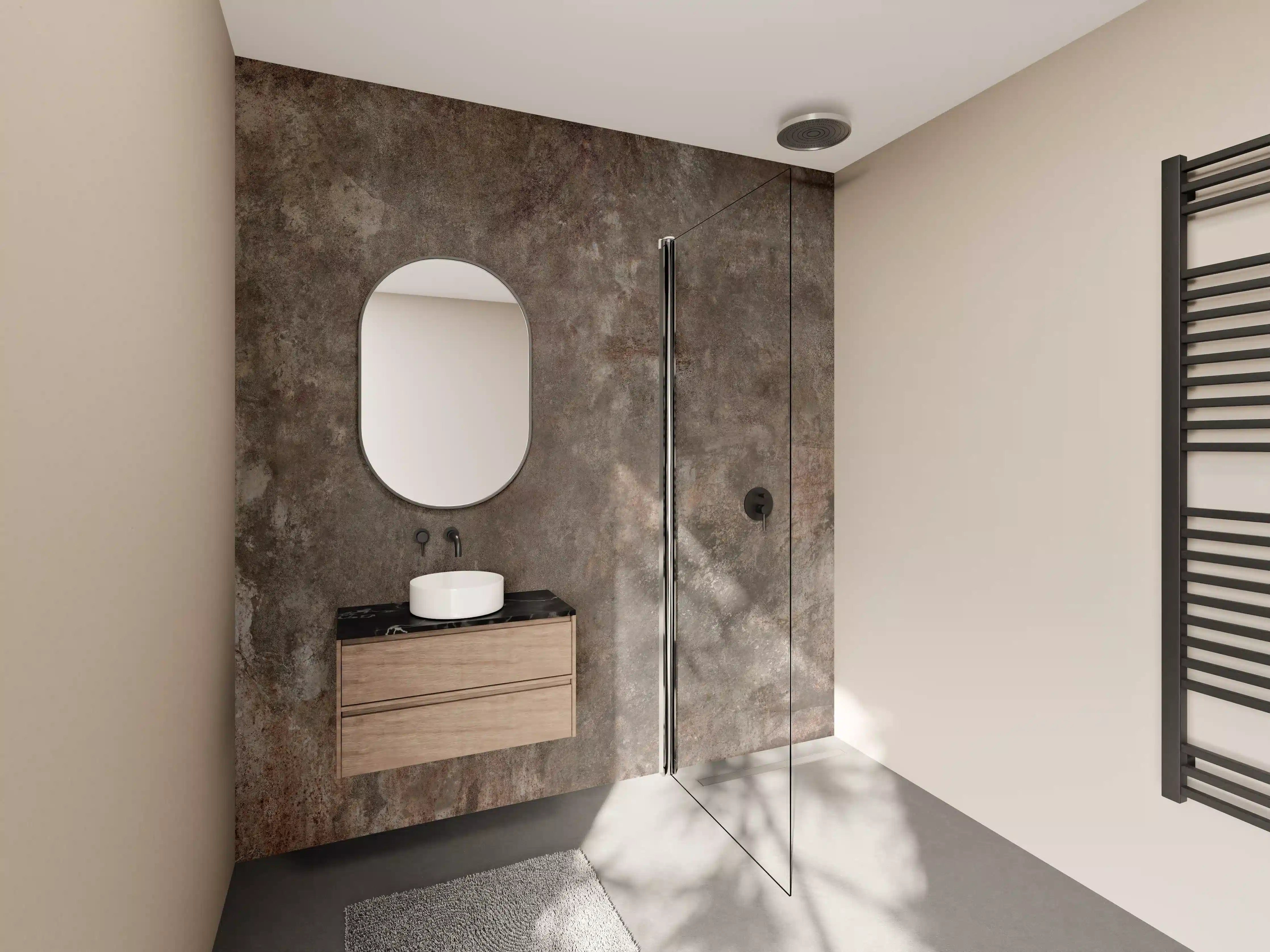 Wandverkleidung Bad - Rustikale Metalltextur mit Erdelementen