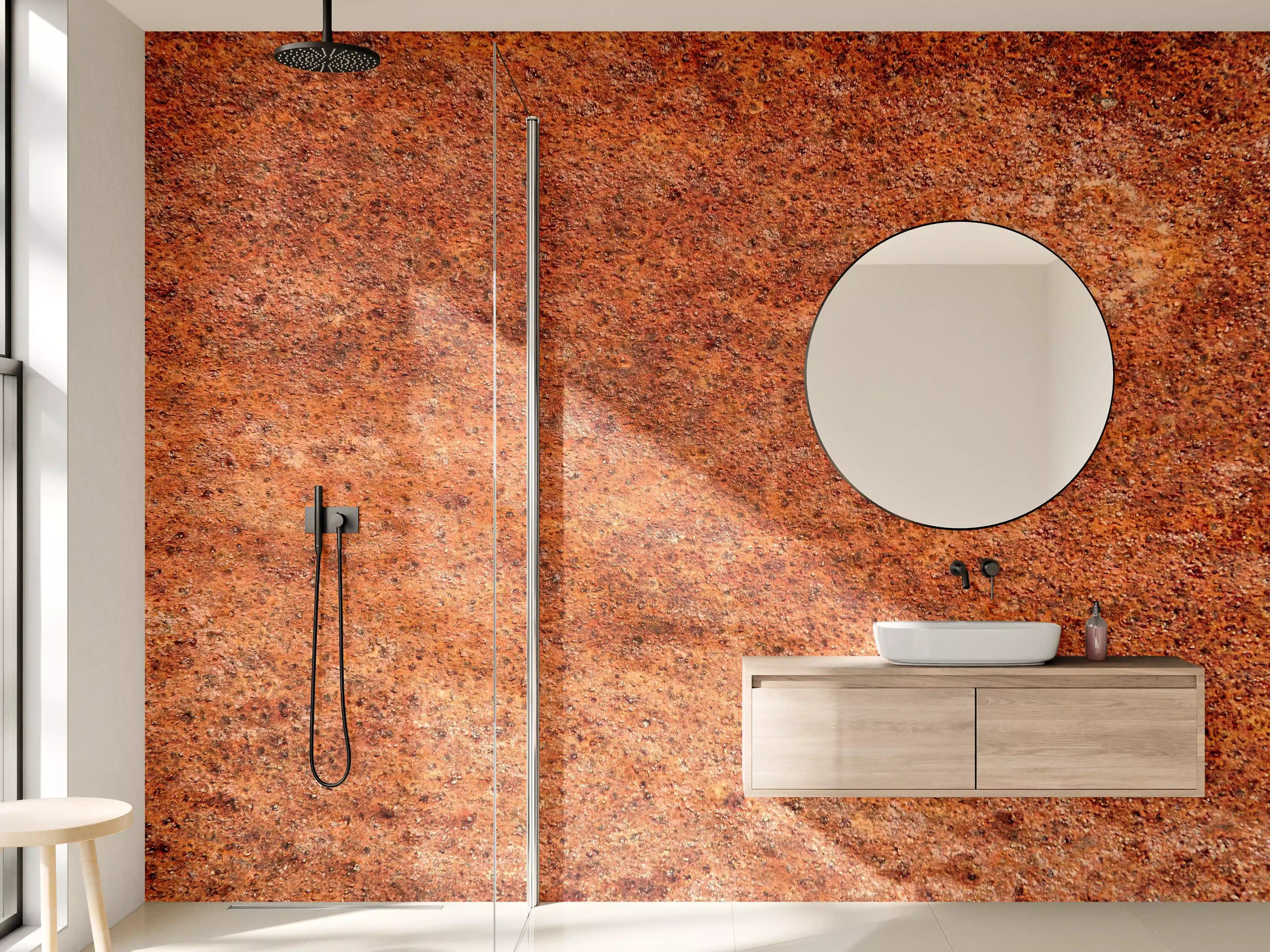 Wandverkleidung Bad - Rustikale Rosttextur mit warmen Orangetönen