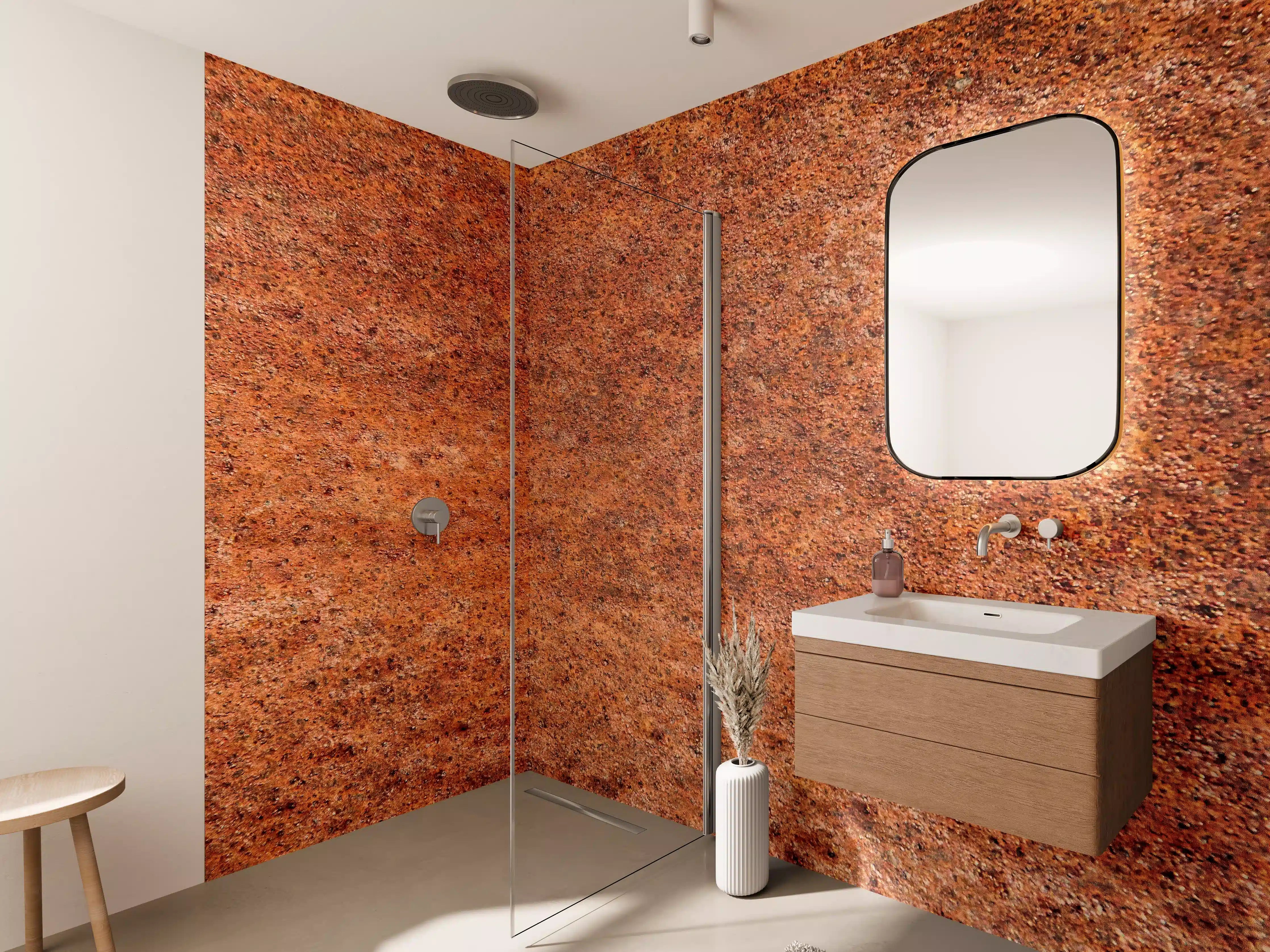 Wandverkleidung Bad - Rustikale Rosttextur mit warmen Orangetönen