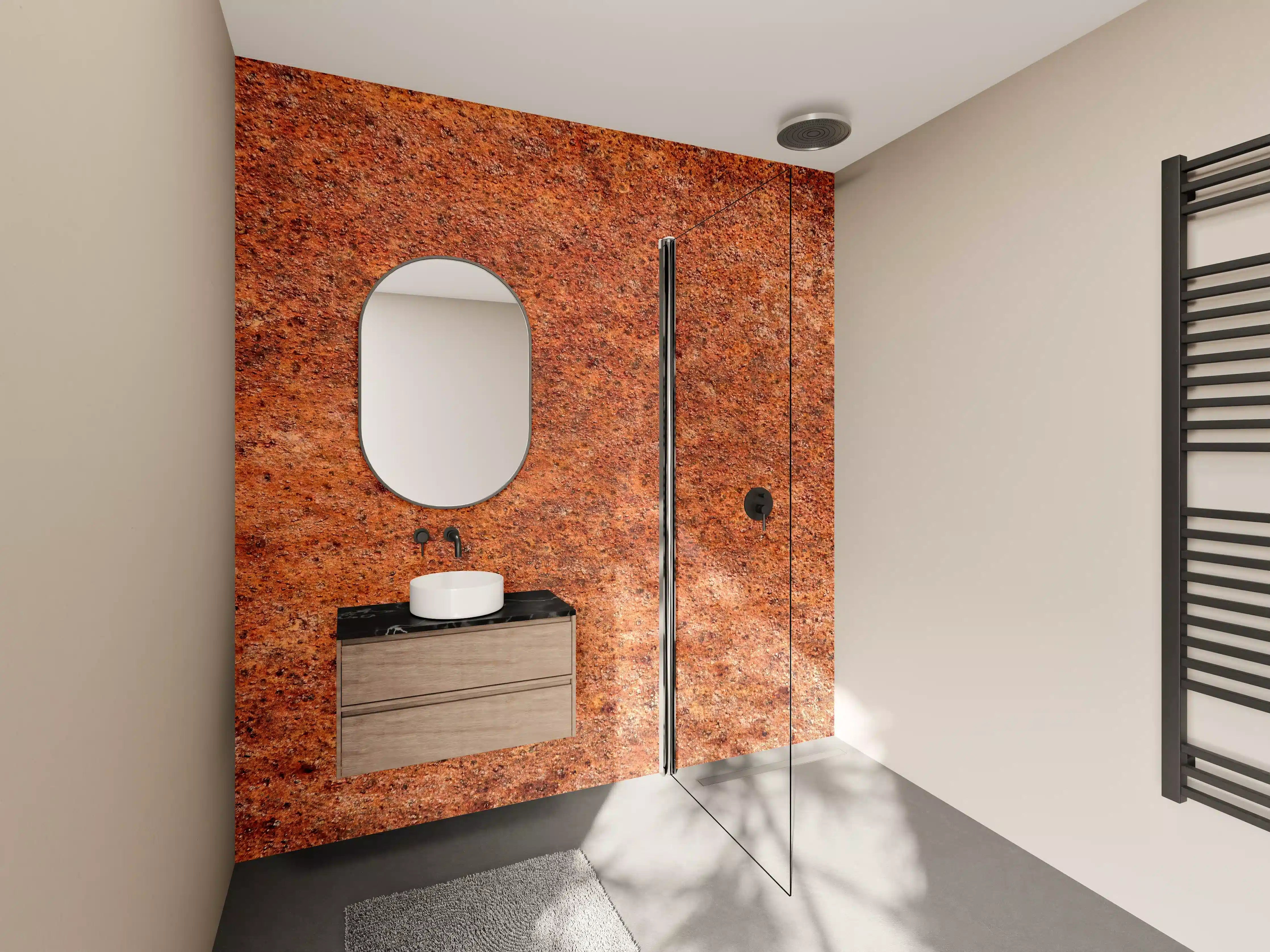 Wandverkleidung Bad - Rustikale Rosttextur mit warmen Orangetönen