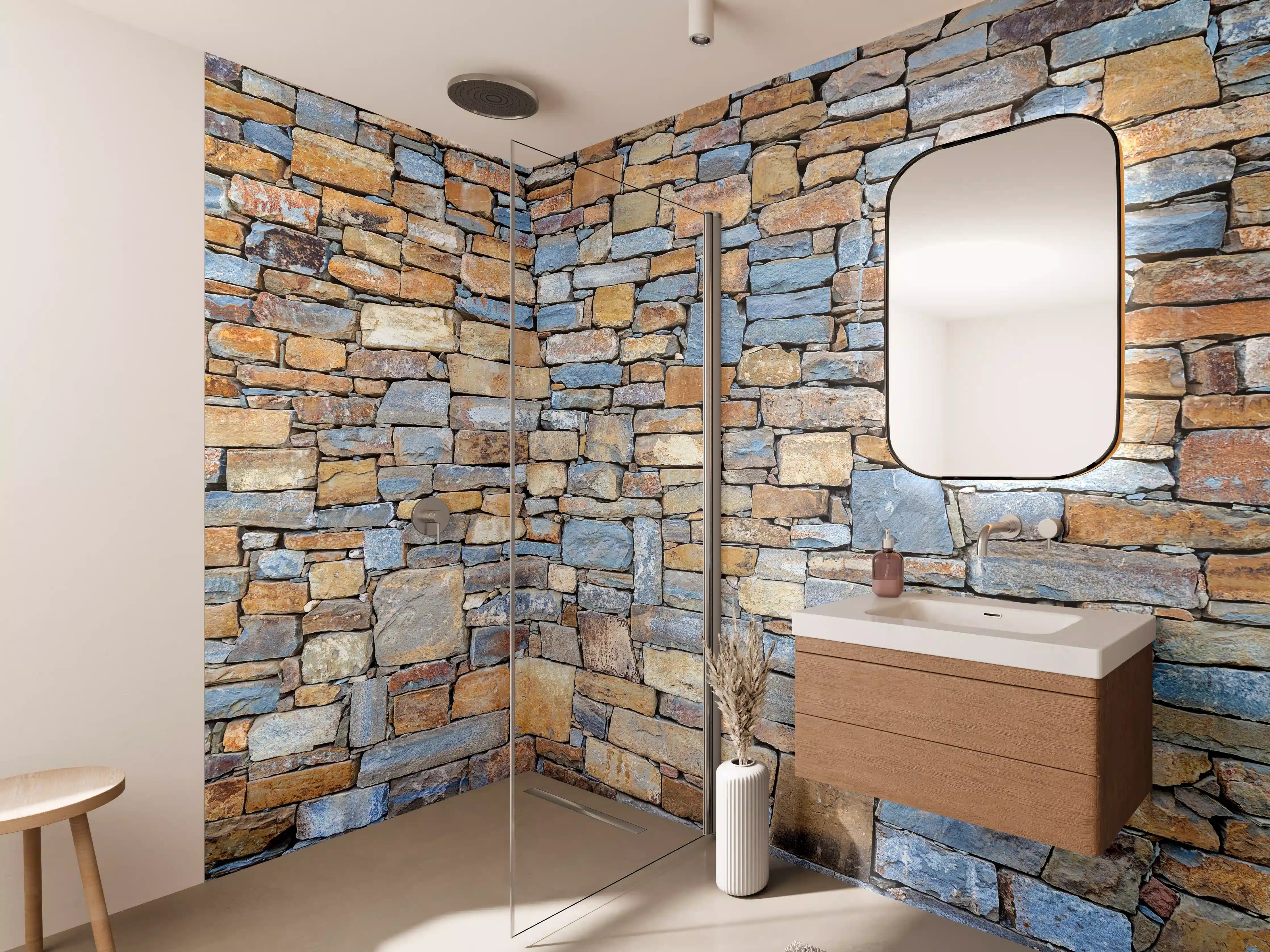 Wandverkleidung Bad - Rustikale Steinmauer in Naturfarben