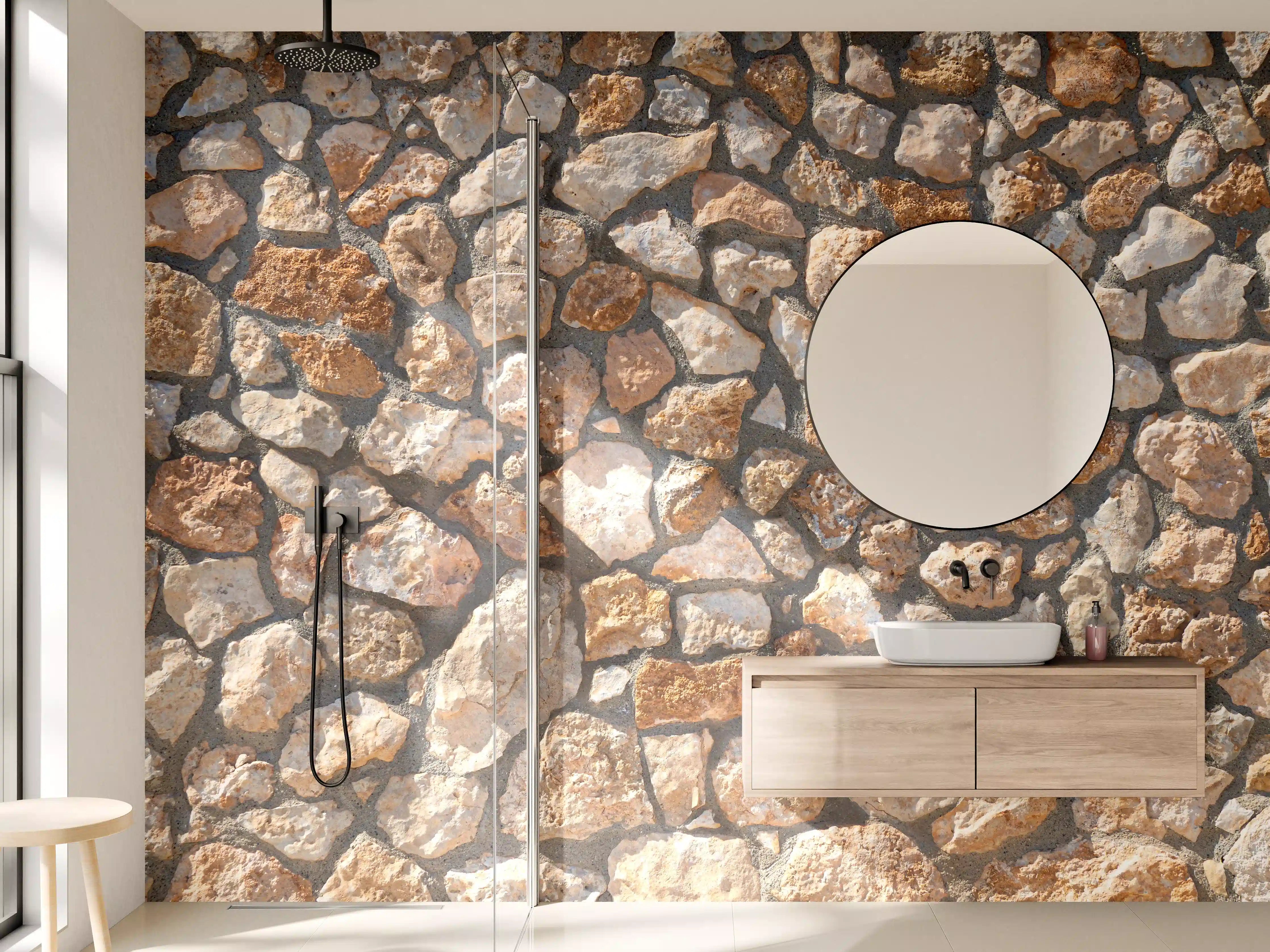 Wandverkleidung Bad - Rustikale Steinmauer mit warmen Erdtönen