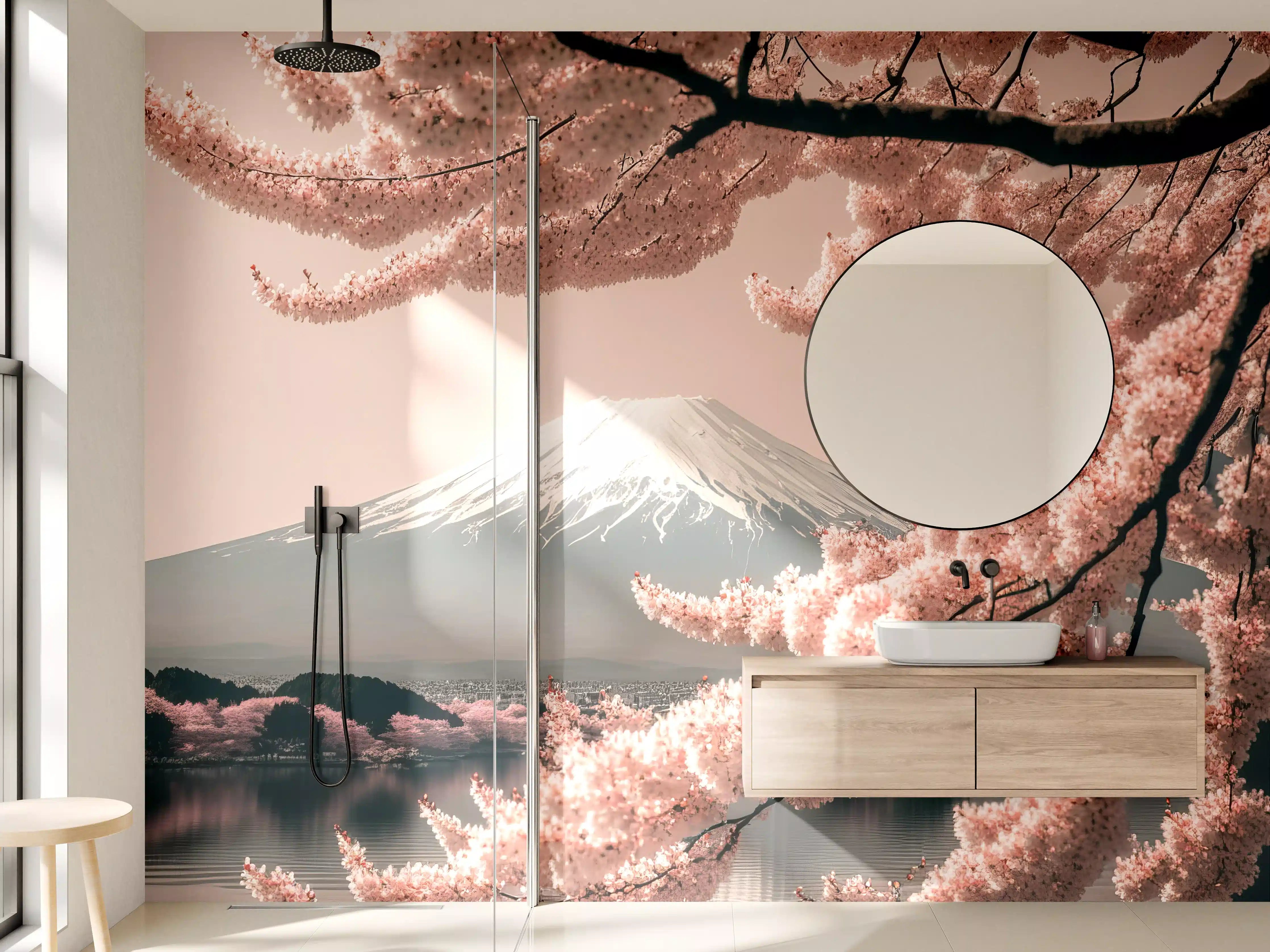 Wandverkleidung Bad - Sakura Baum mit Fuji Berg im Hintergrund