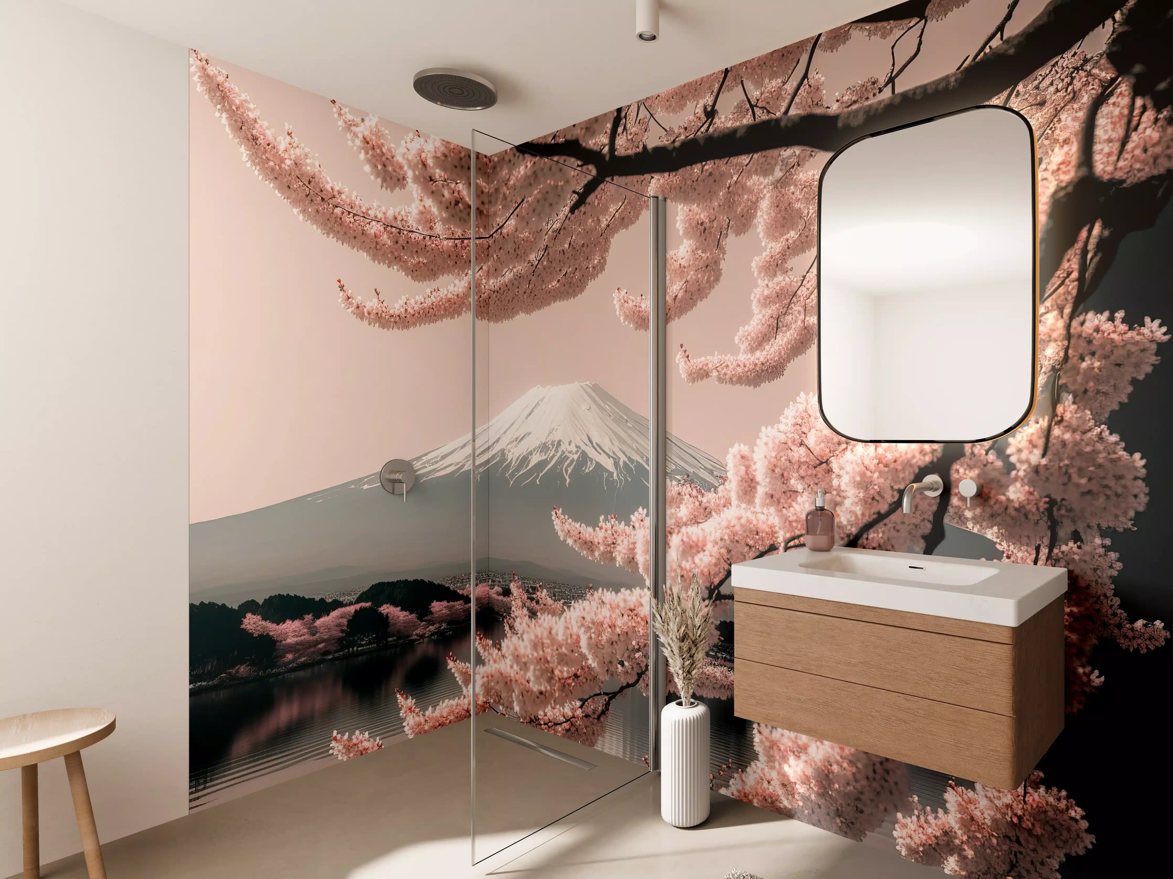 Wandverkleidung Bad - Sakura Baum mit Fuji Berg im Hintergrund