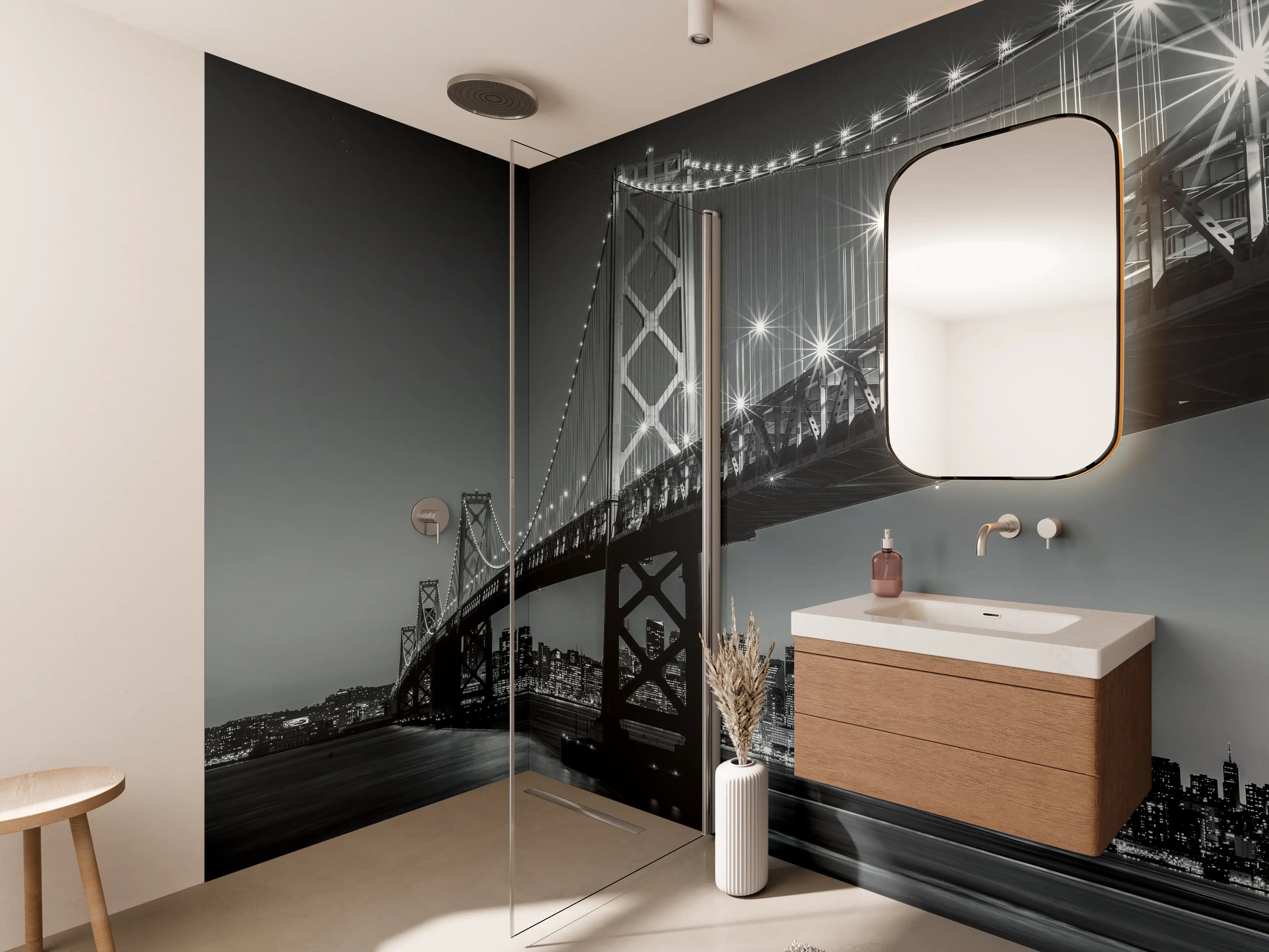 Wandverkleidung Bad - San Francisco Bay Bridge in Schwarz und Weiß