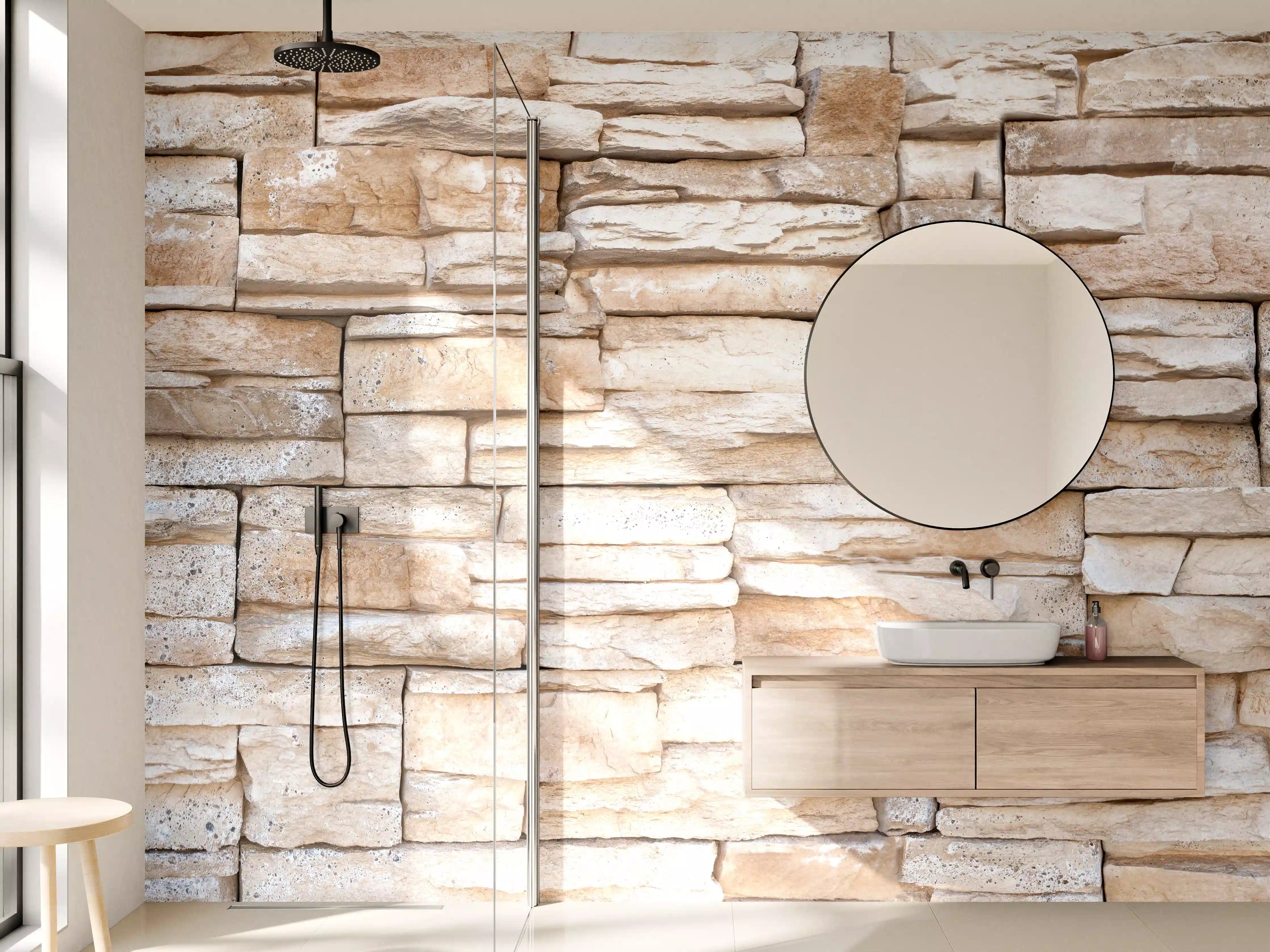 Wandverkleidung Bad - Sandsteinmauer in neutralen Tönen