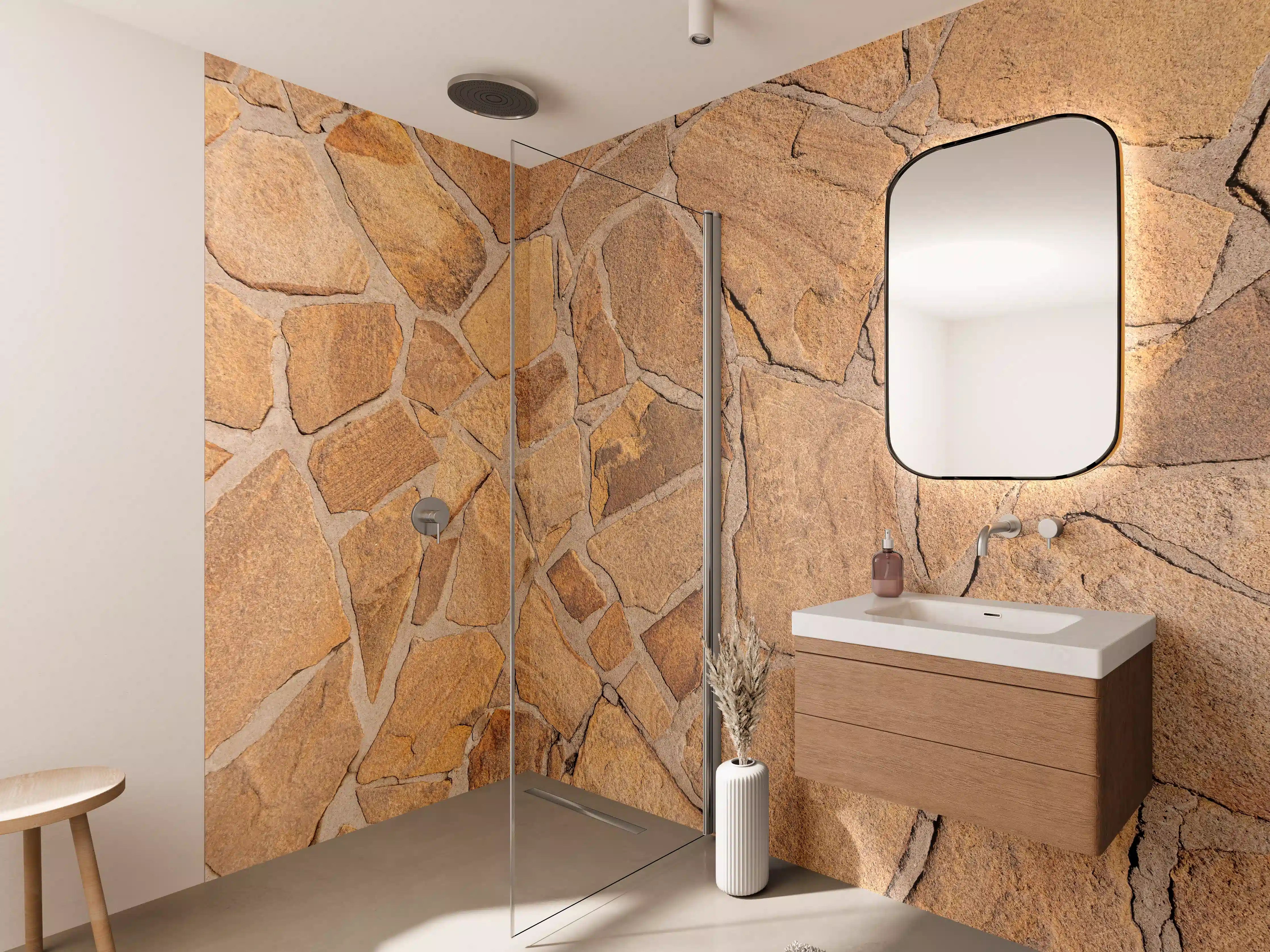 Wandverkleidung Bad - Sandsteinoptik in warmen Tönen