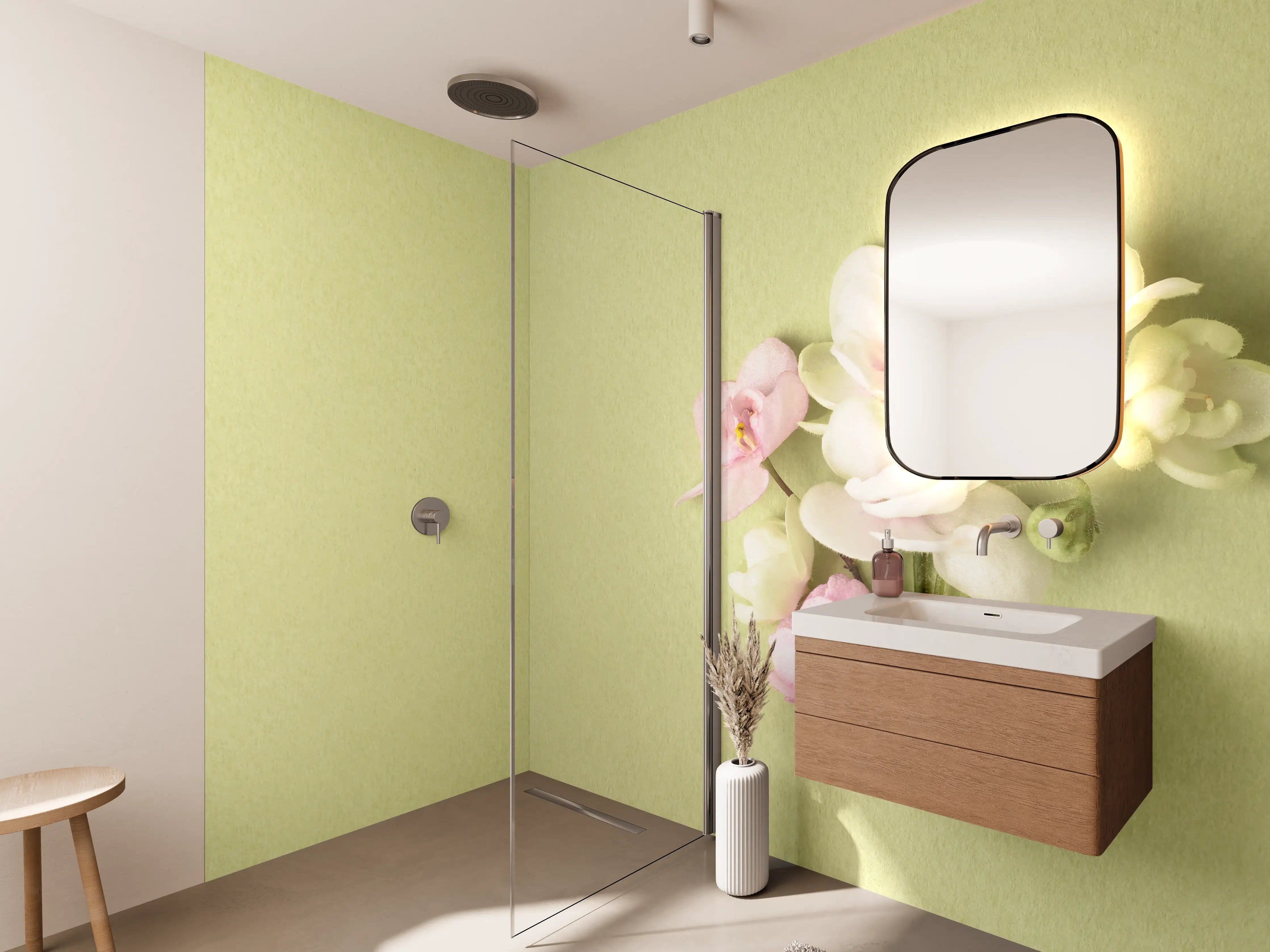 Wandverkleidung Bad - Sanfte Frühlingsblüten auf hellgrünem Hintergrund