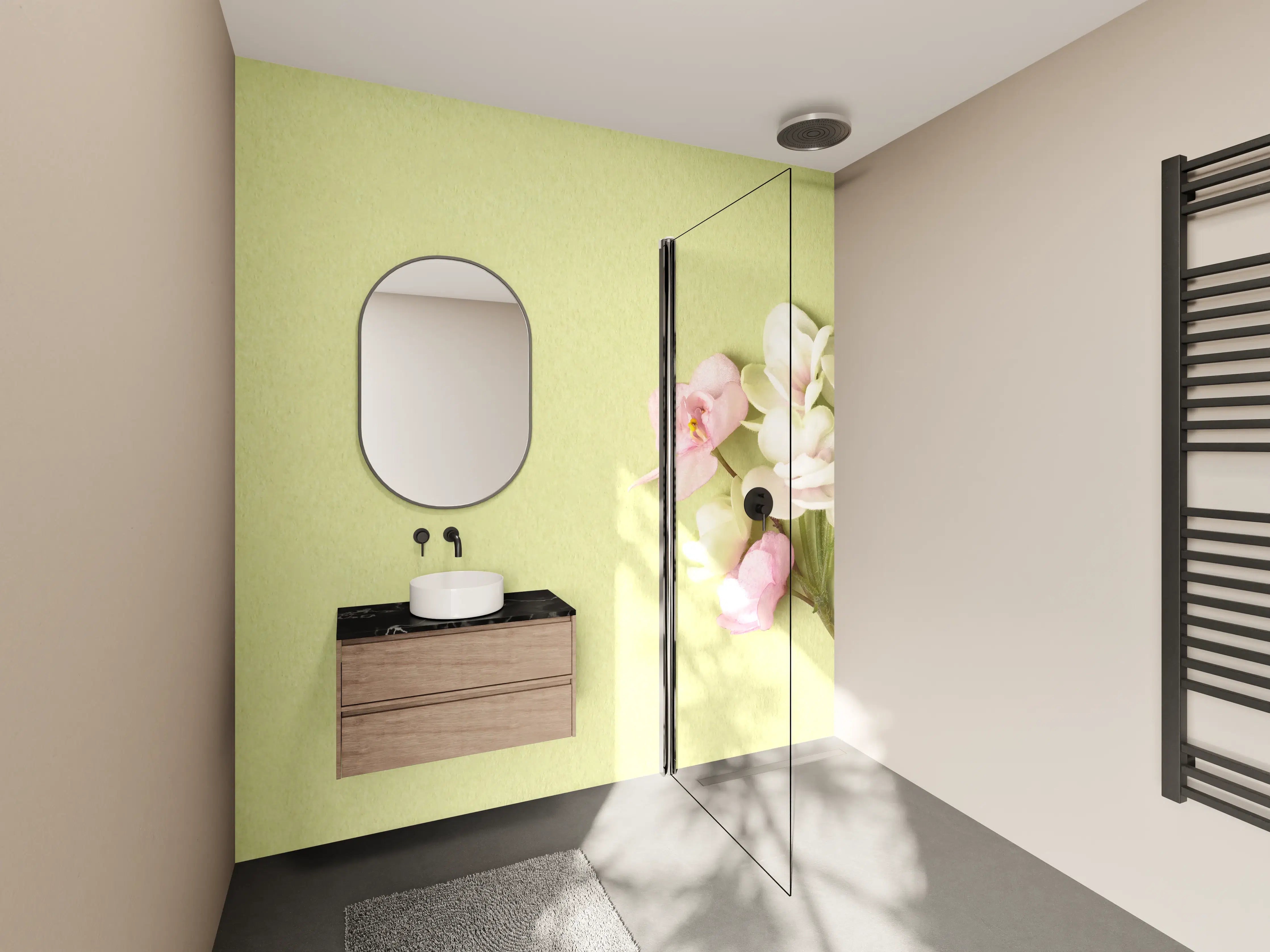 Wandverkleidung Bad - Sanfte Frühlingsblüten auf hellgrünem Hintergrund