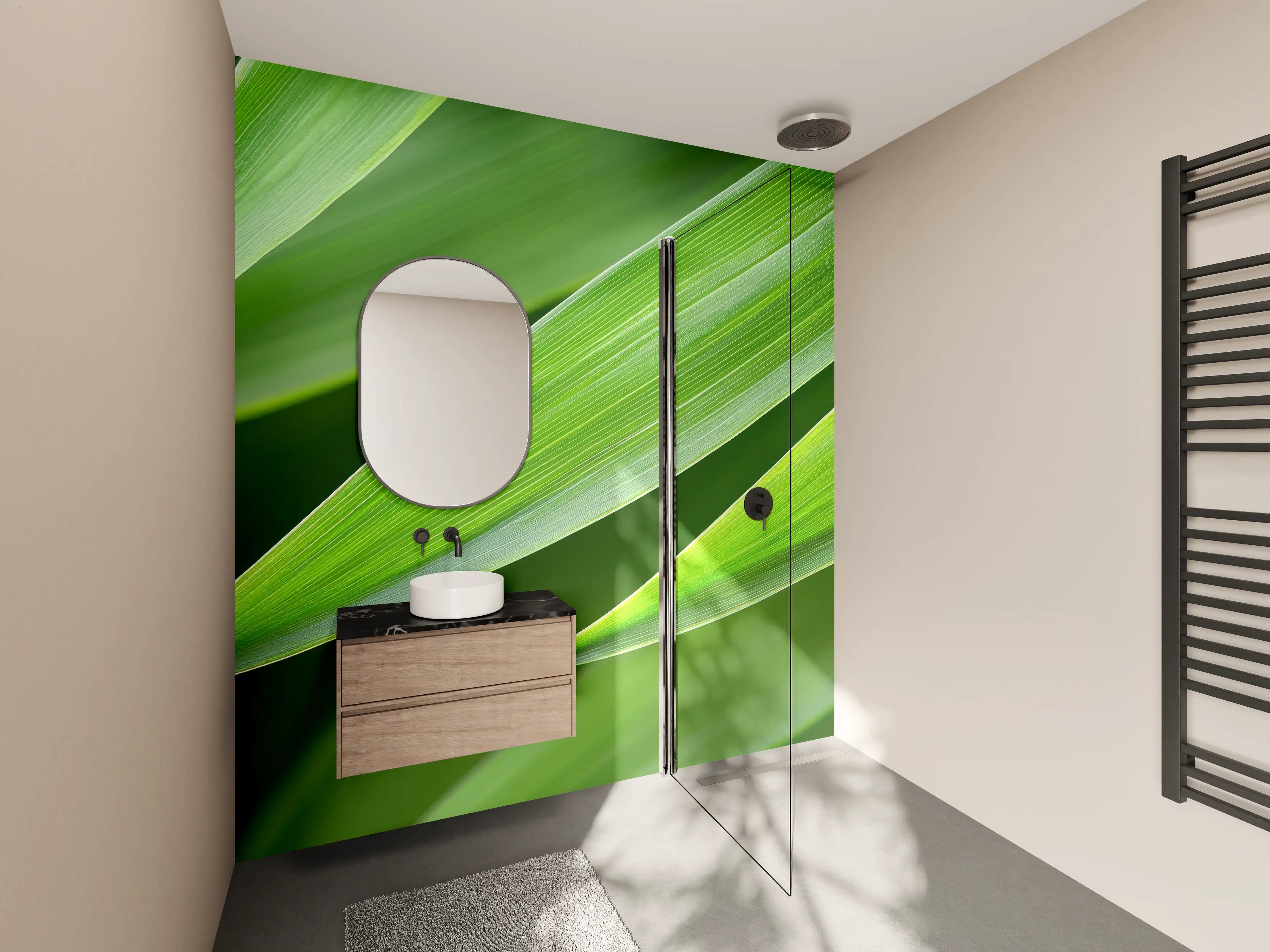 Wandverkleidung Bad - Sanfte Grautöne im Grünen Blättermeer