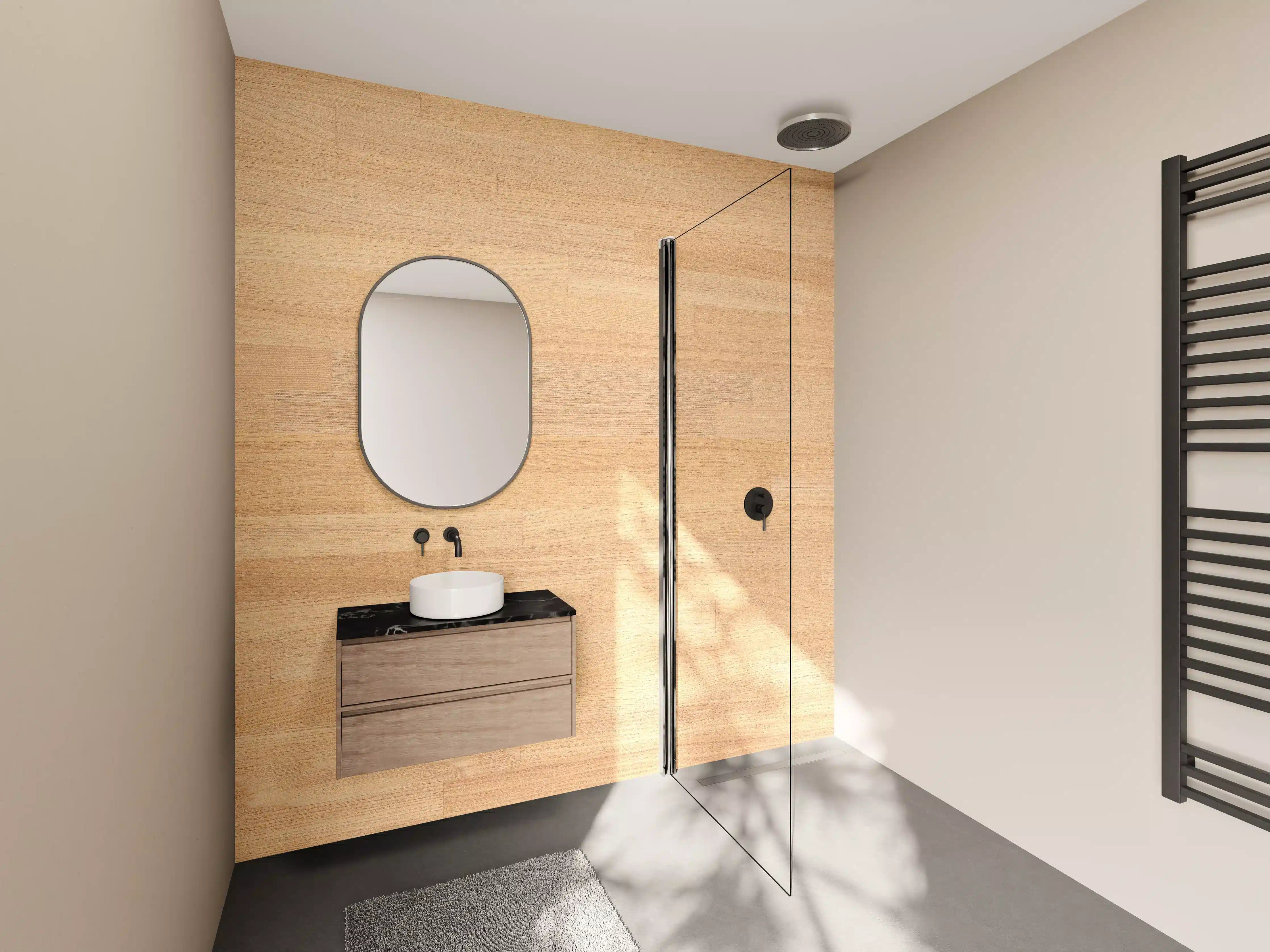 Wandverkleidung Bad - Sanfte Grautöne in Helle Holzoptik