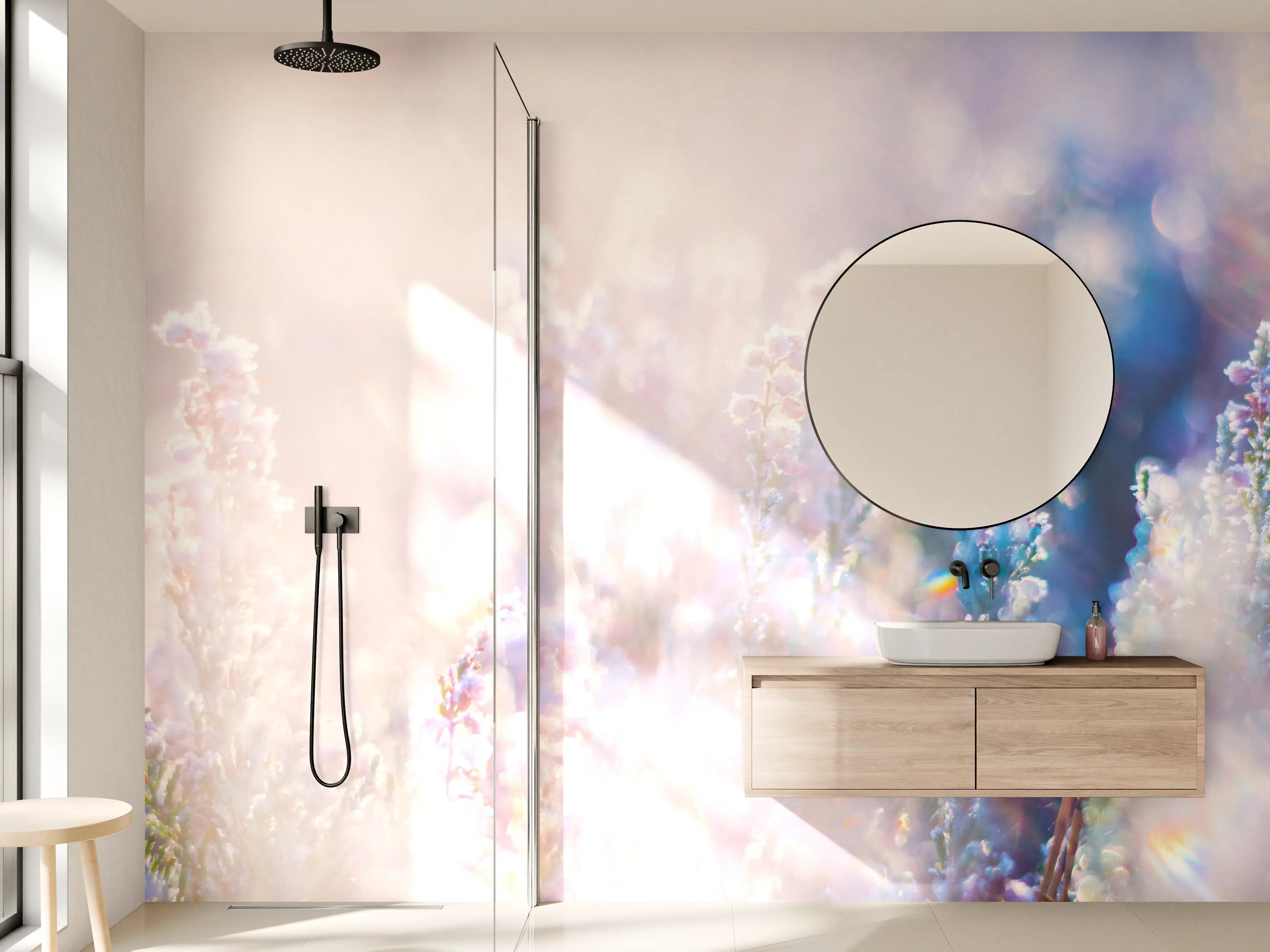 Wandverkleidung Bad - Sanfte Grauwiese im Sonnenstrahl