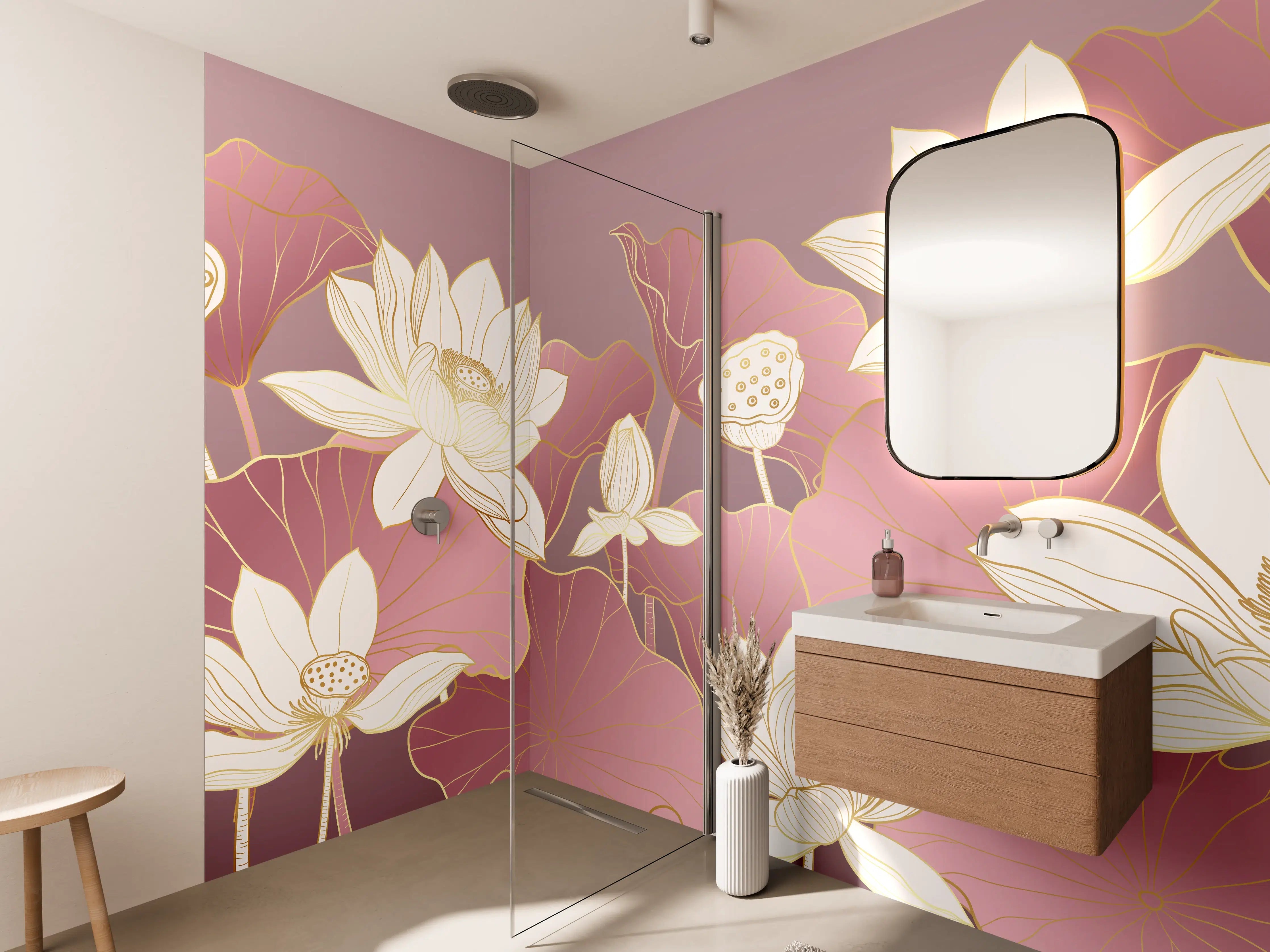 Wandverkleidung Bad - Sanfte Lotusblüten in Rosa und Creme