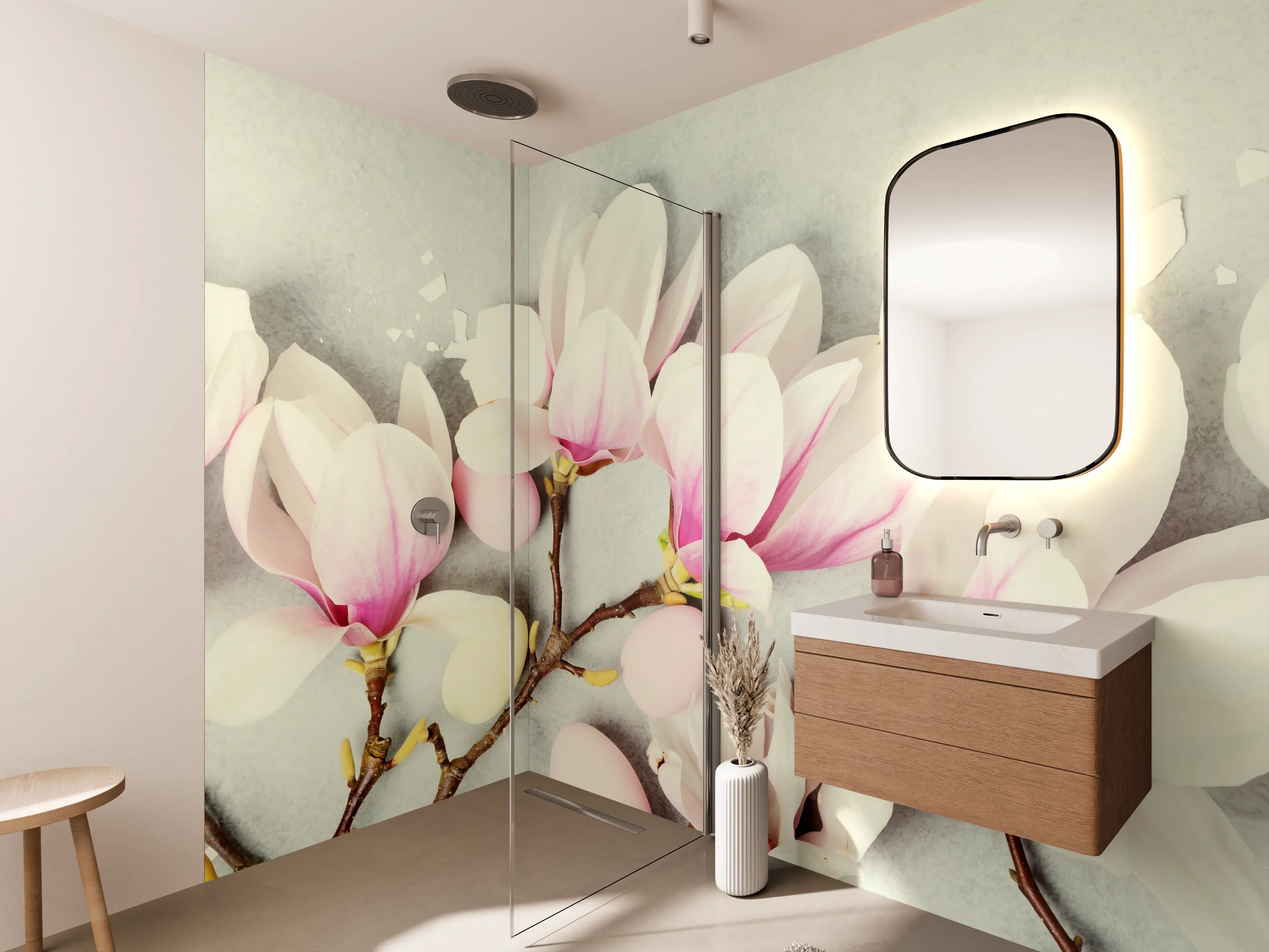 Wandverkleidung Bad - Sanfte Magnolia-Blüten in Pastellfarben