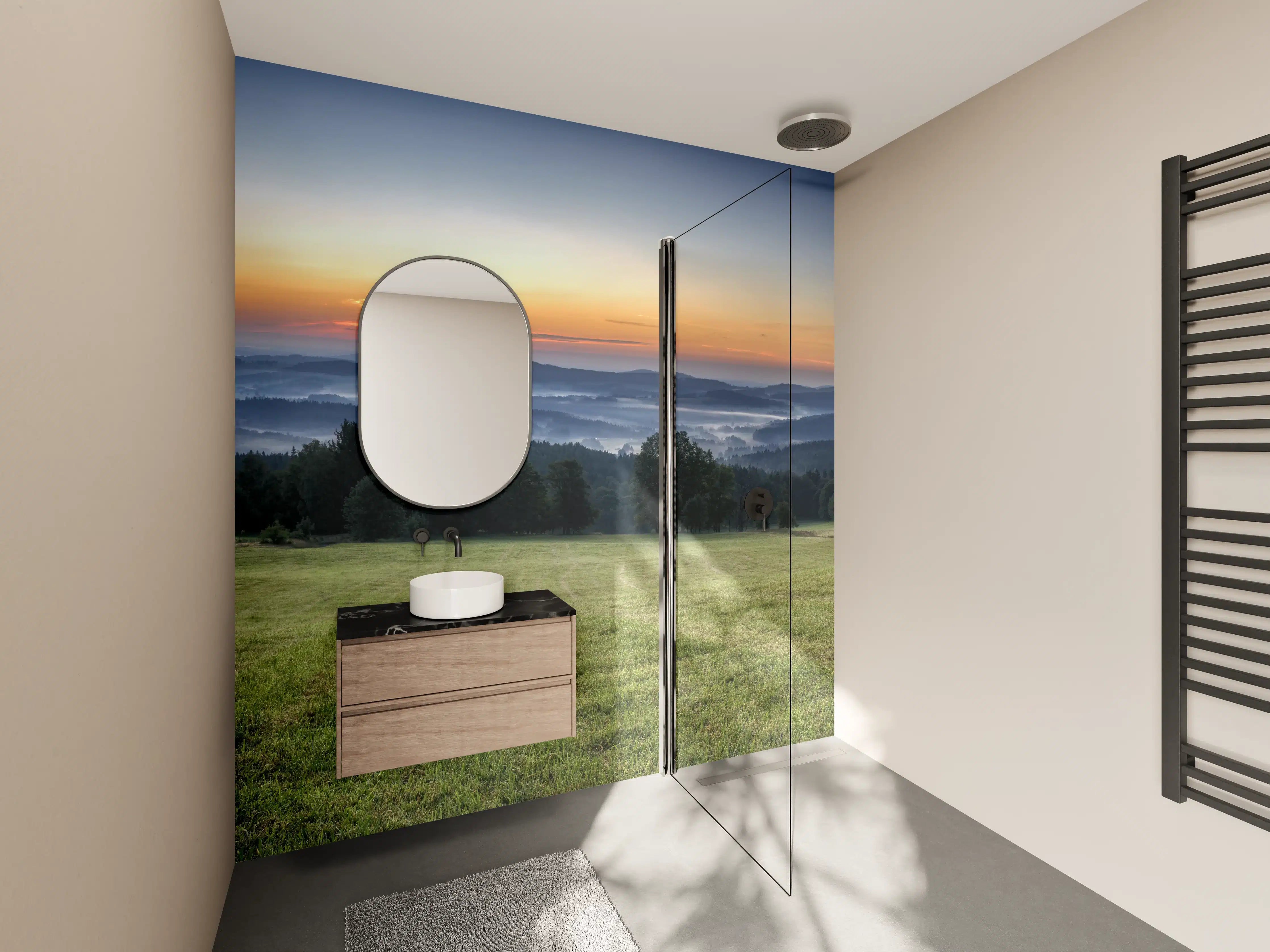Wandverkleidung Bad - Sanfte Morgenlandschaft mit Sonnenaufgang