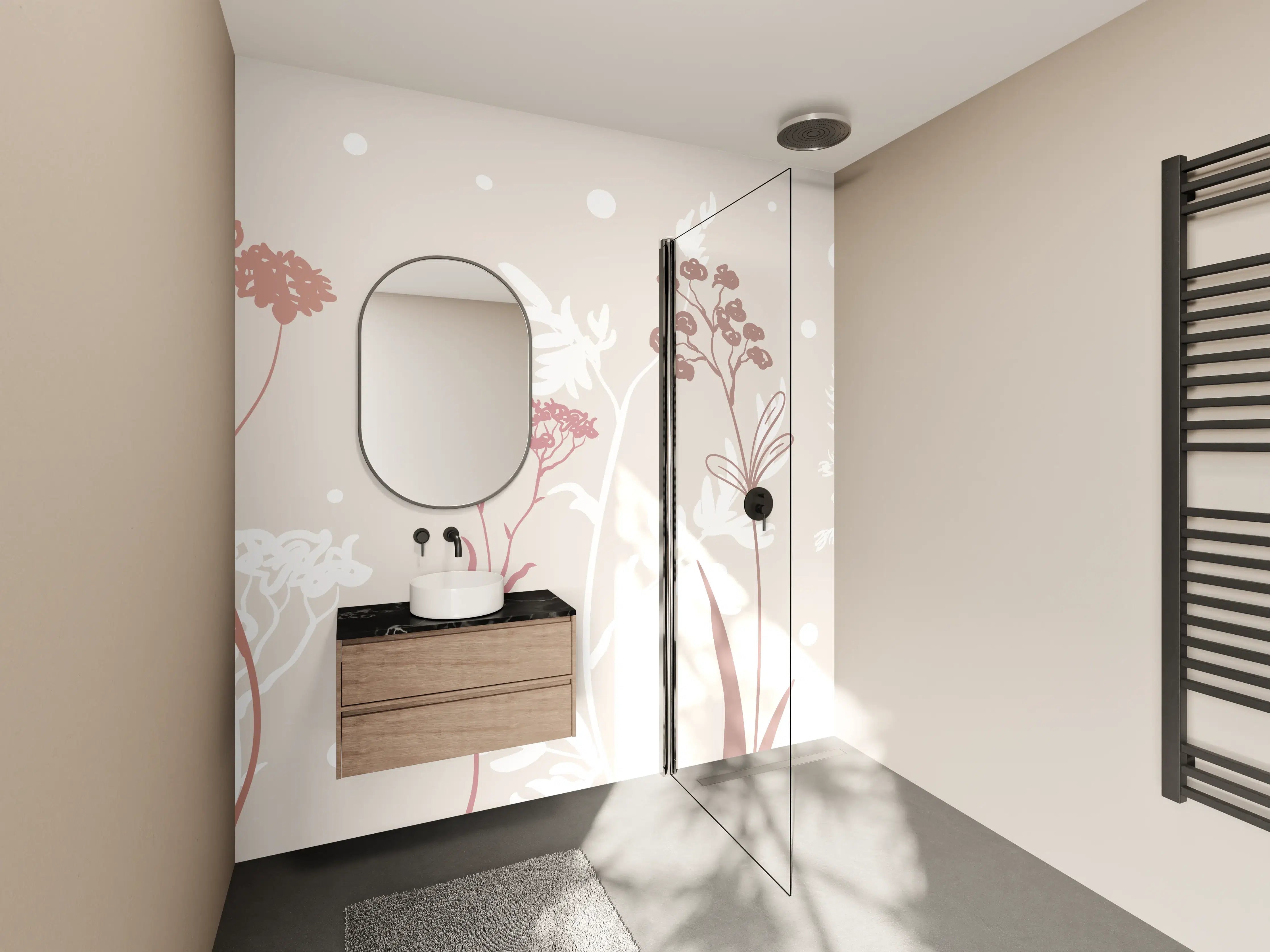 Wandverkleidung Bad - Sanfte Pastell-Blumen-Illustration