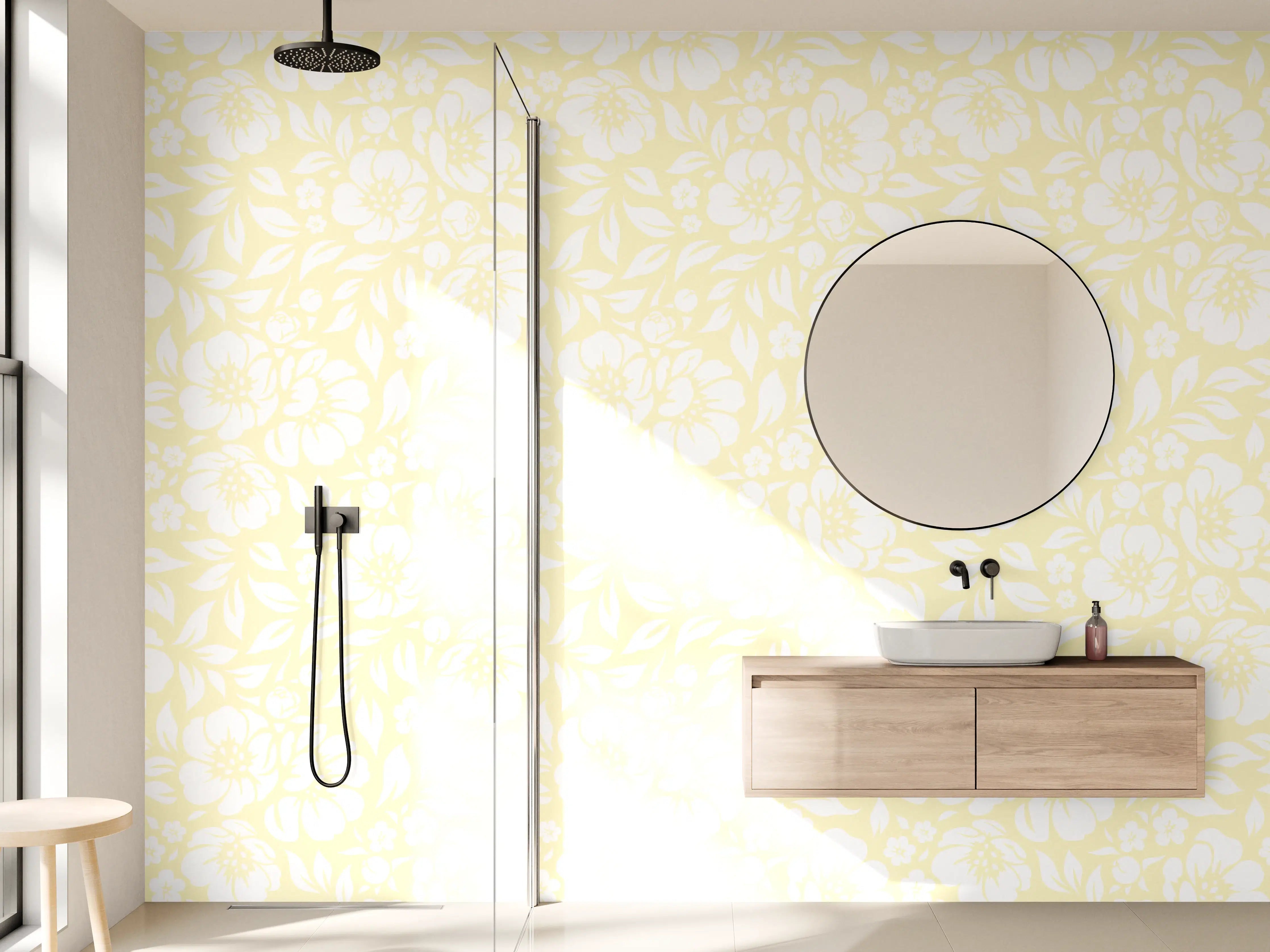 Wandverkleidung Bad - Sanfte Pastellblumen in Grau und Weiß