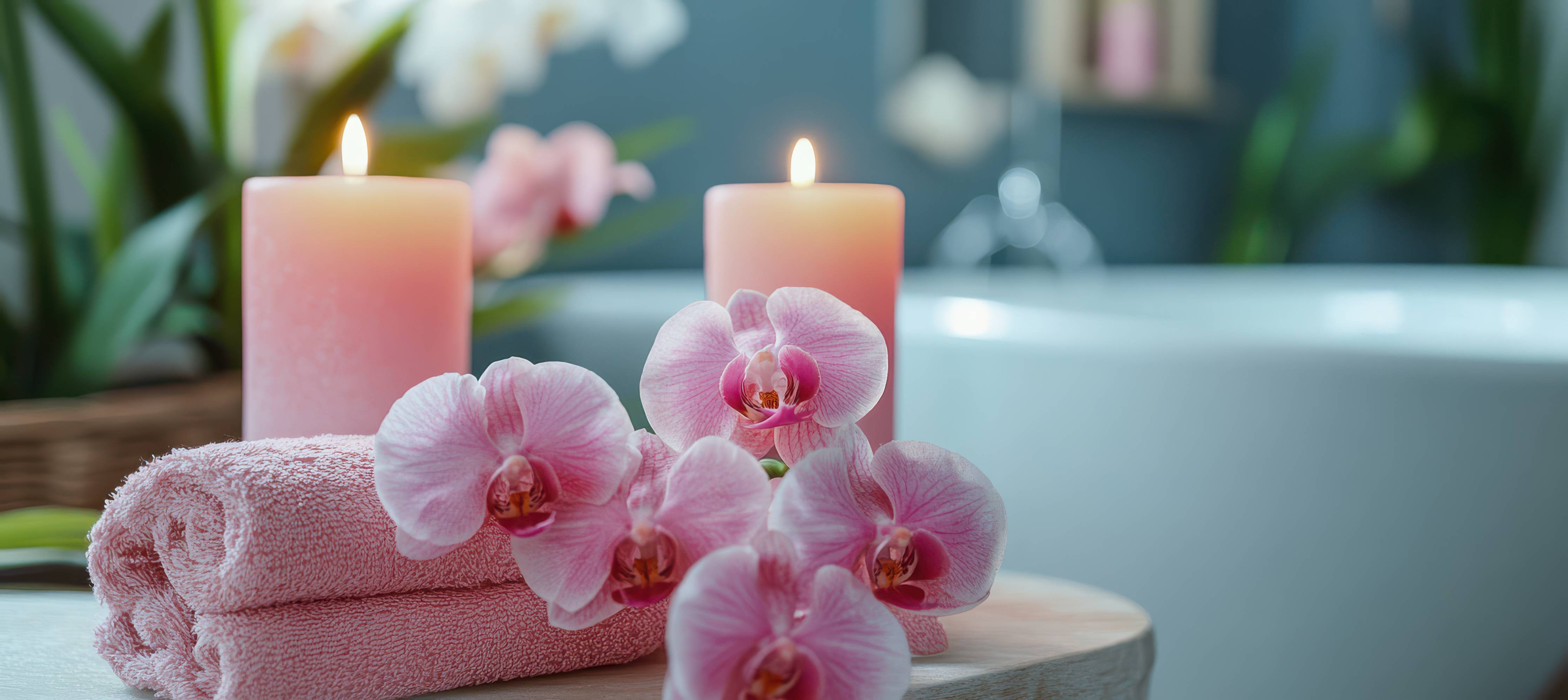 Wandverkleidung Bad-Sanfte rosa Orchideen und Wellness-Atmosphäre