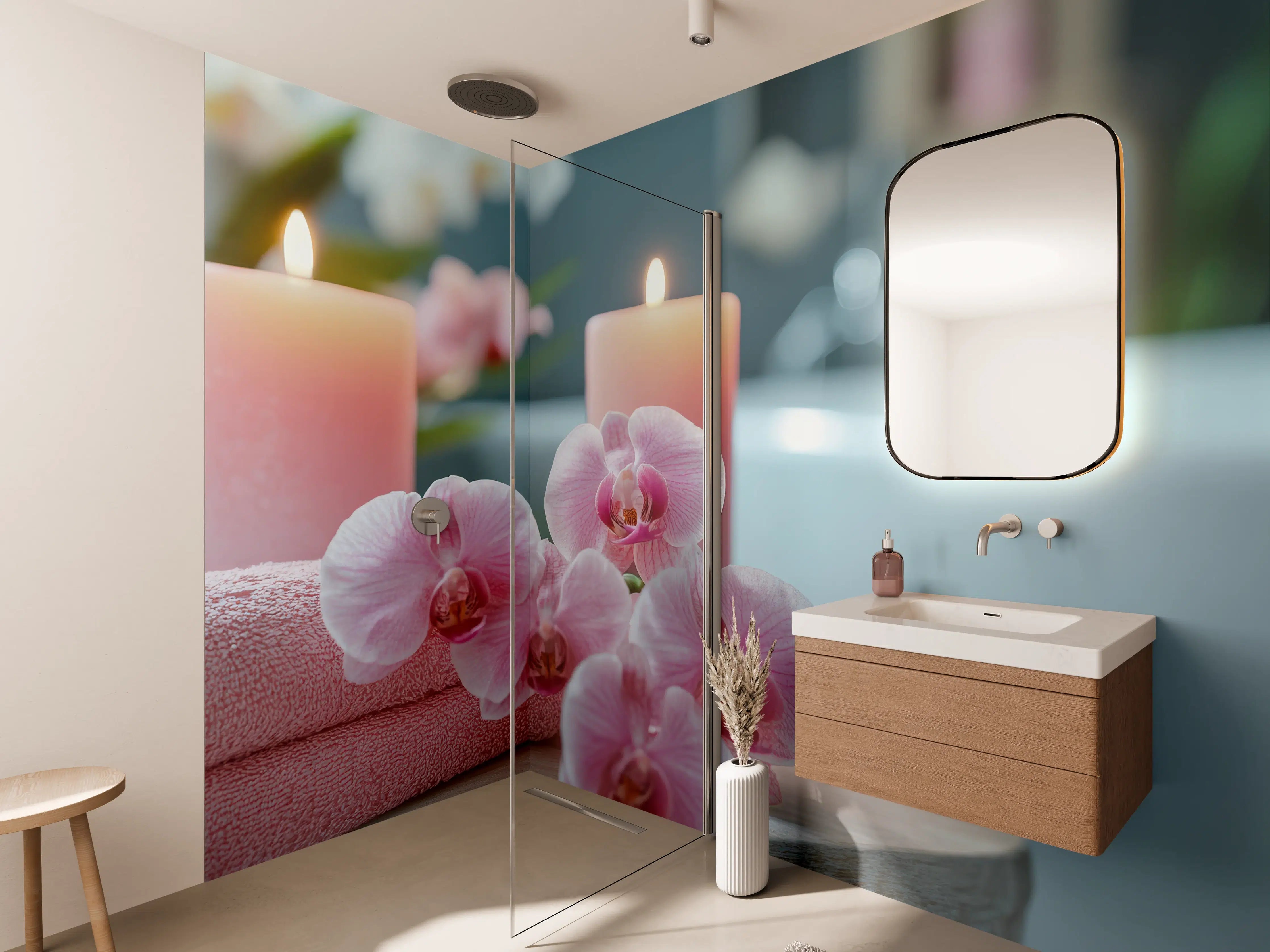 Wandverkleidung Bad - Sanfte rosa Orchideen und Wellness-Atmosphäre