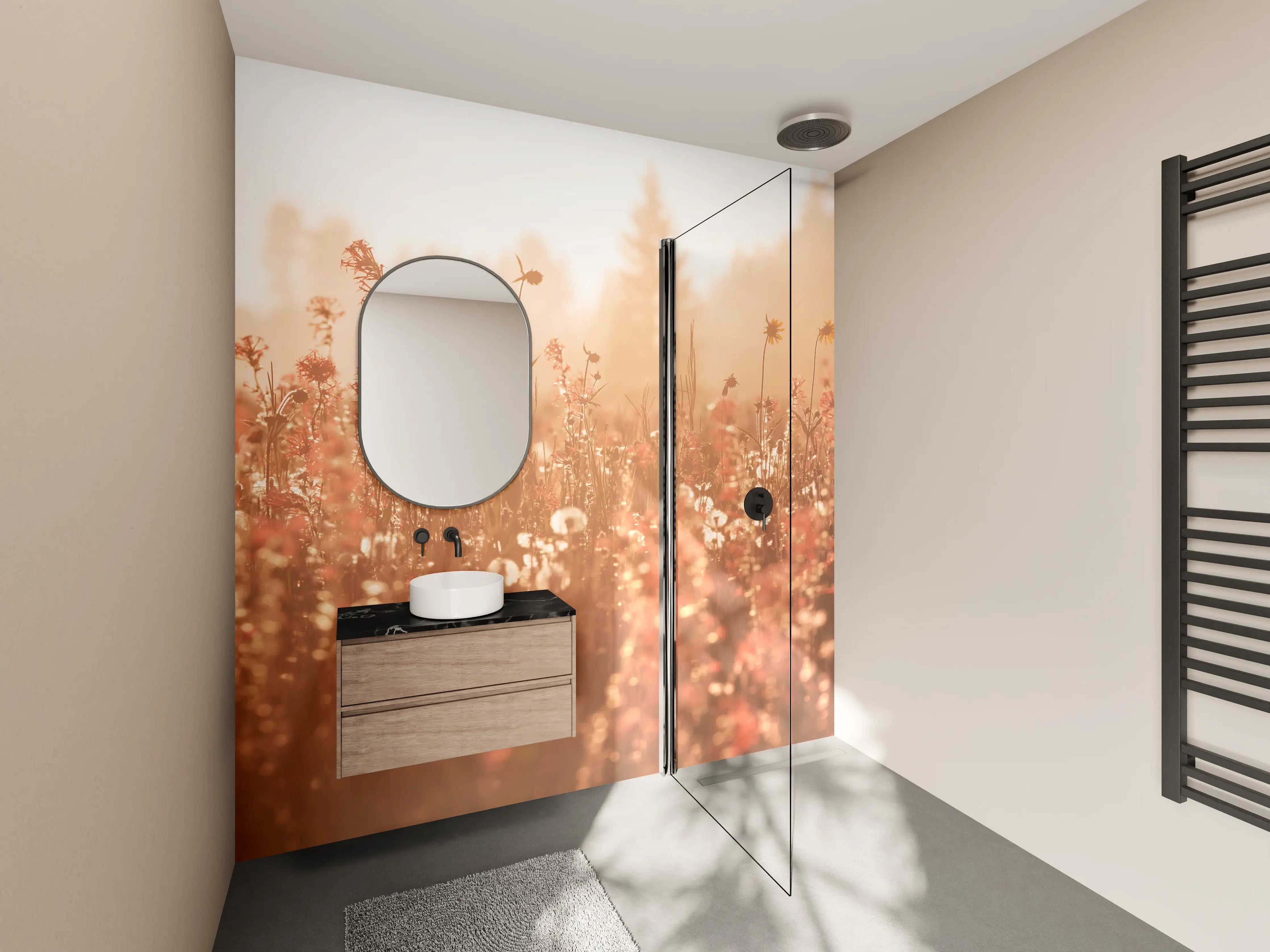 Wandverkleidung Bad - Sanftes Blumenfeld im Sonnenlicht