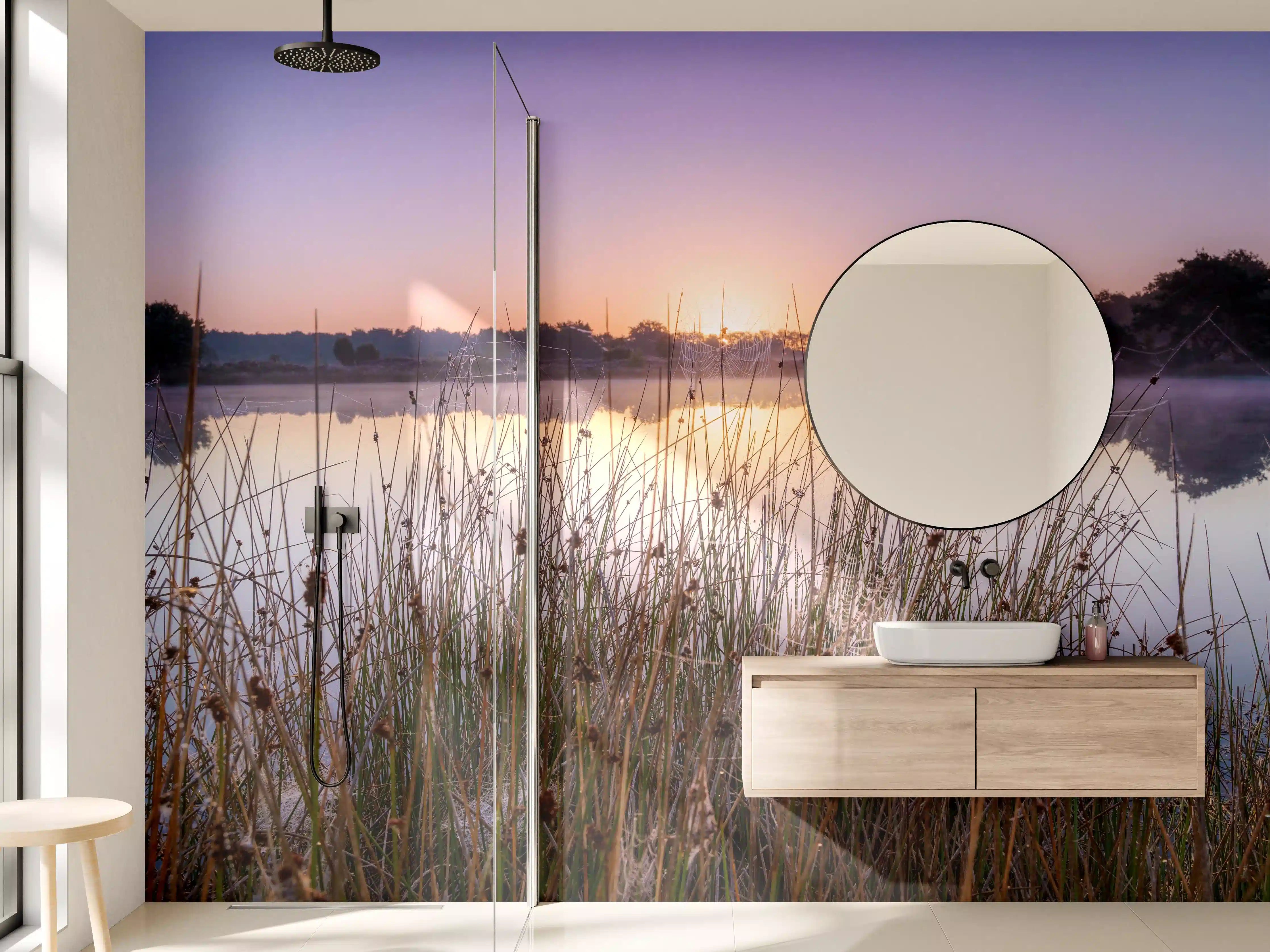 Wandverkleidung Bad - Sanftes Morgenlicht über dem See