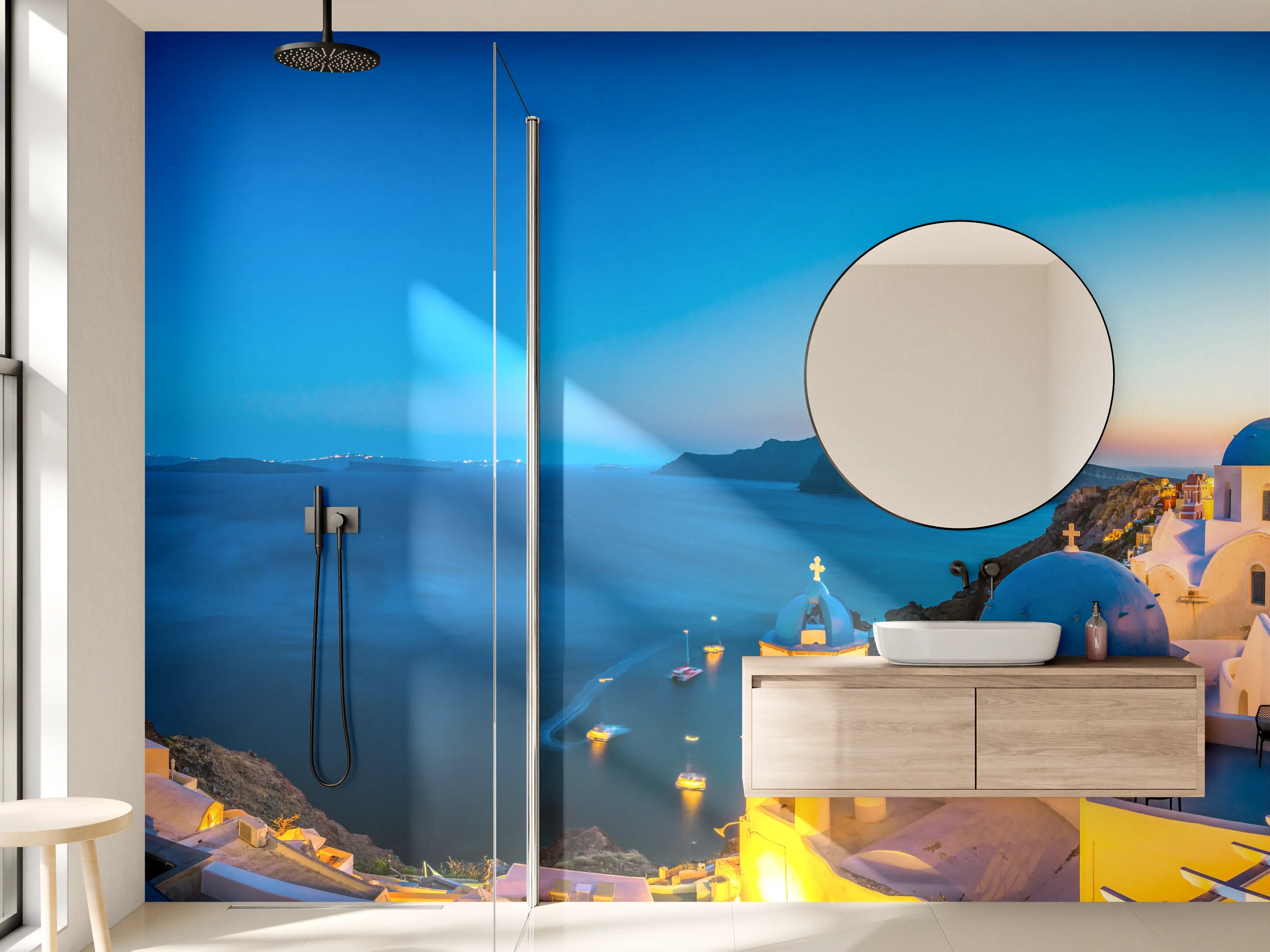 Wandverkleidung Bad - Santorini Blau-Weiß Panorama