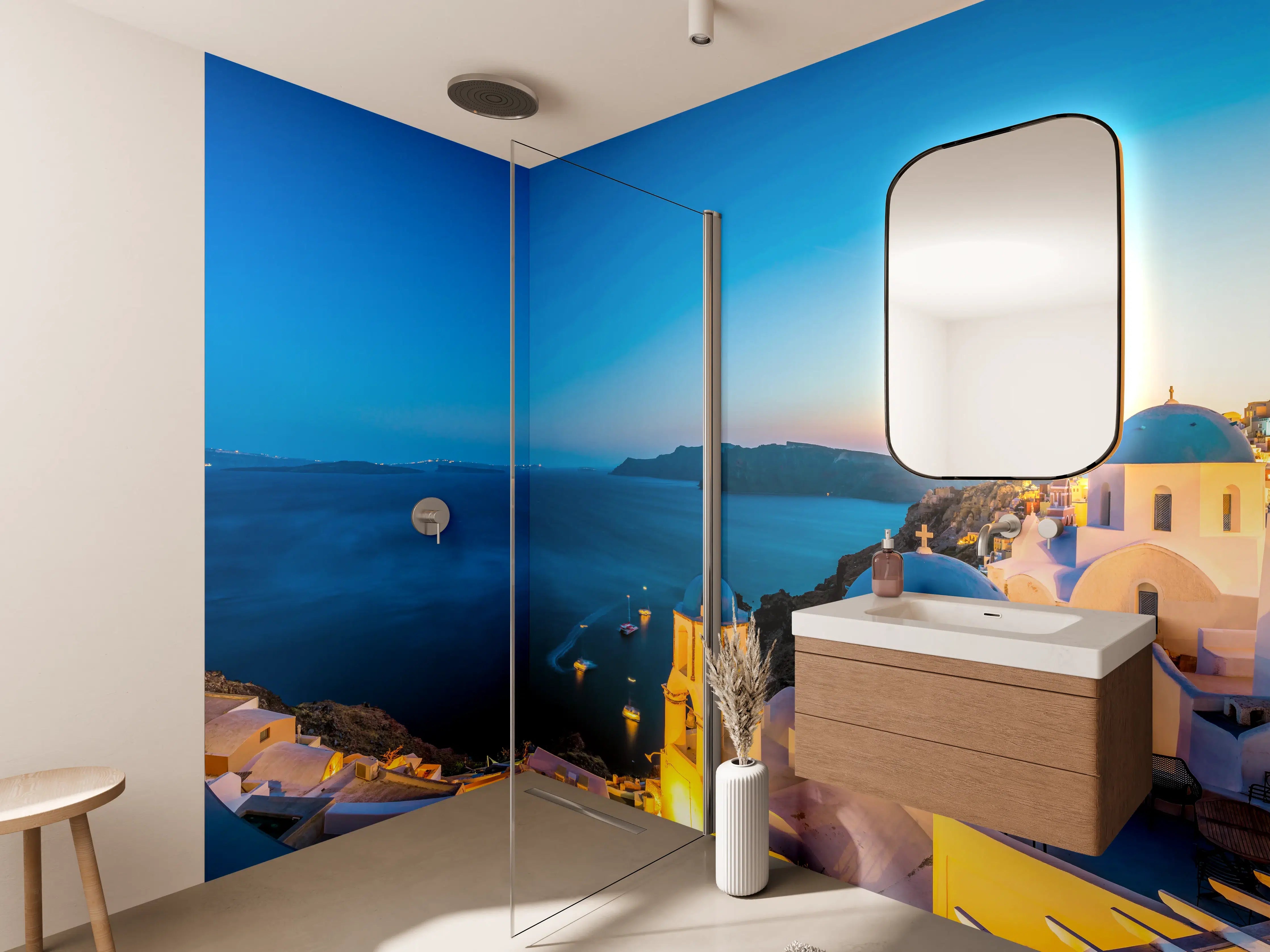 Wandverkleidung Bad - Santorini Blau-Weiß Panorama