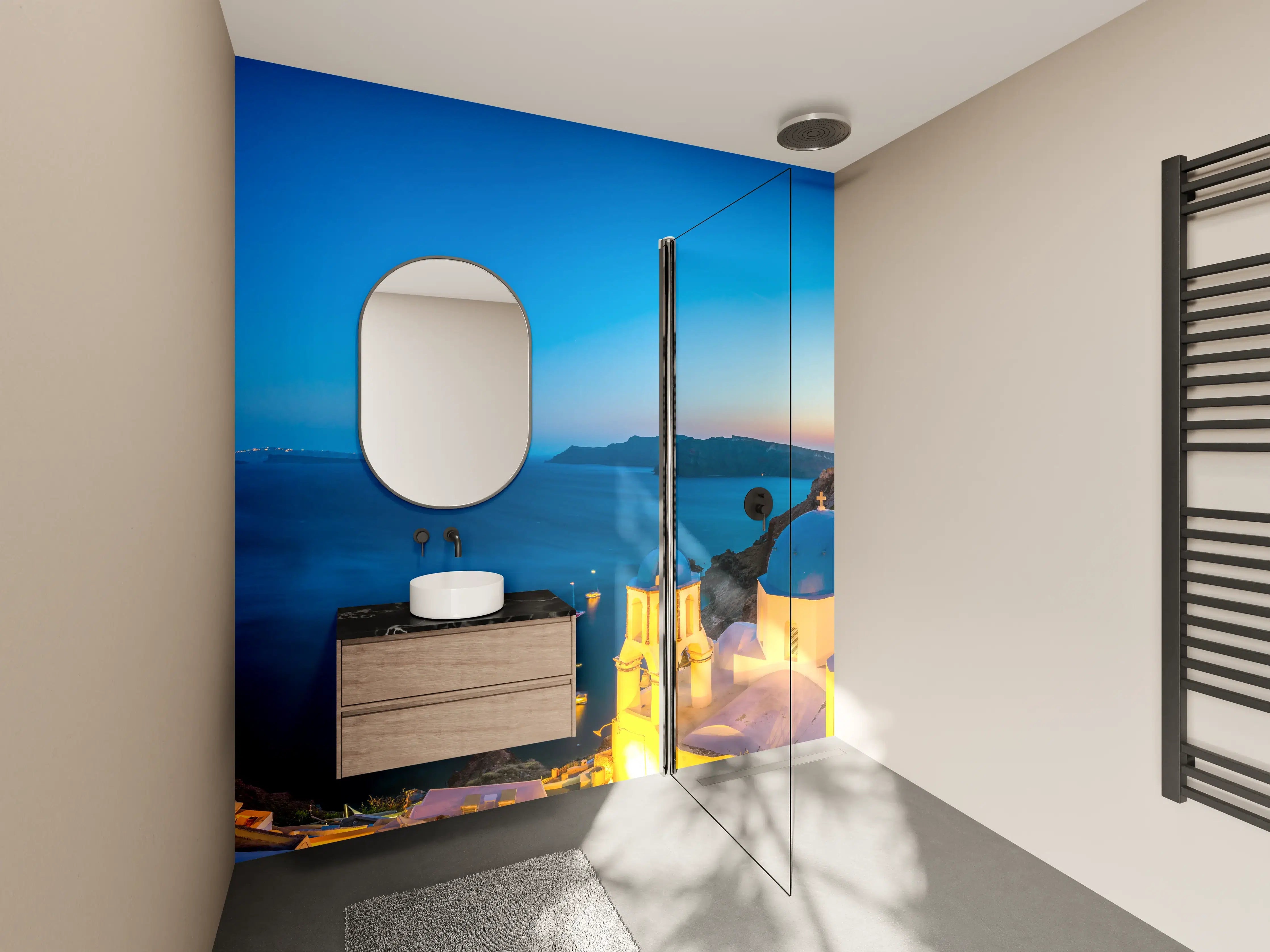 Wandverkleidung Bad - Santorini Blau-Weiß Panorama