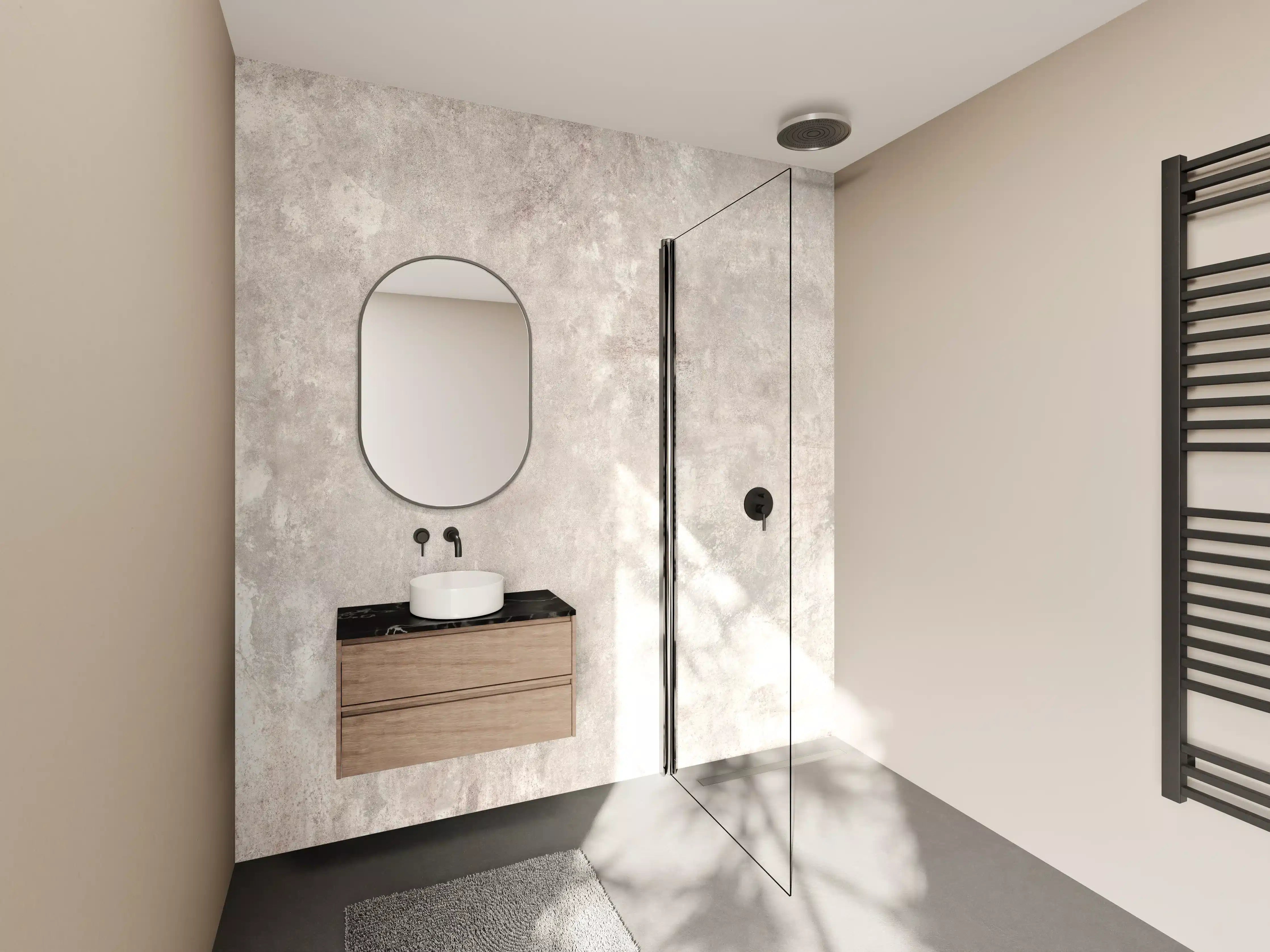 Wandverkleidung Bad - Schimmernder Grauwert auf weißer Oberfläche