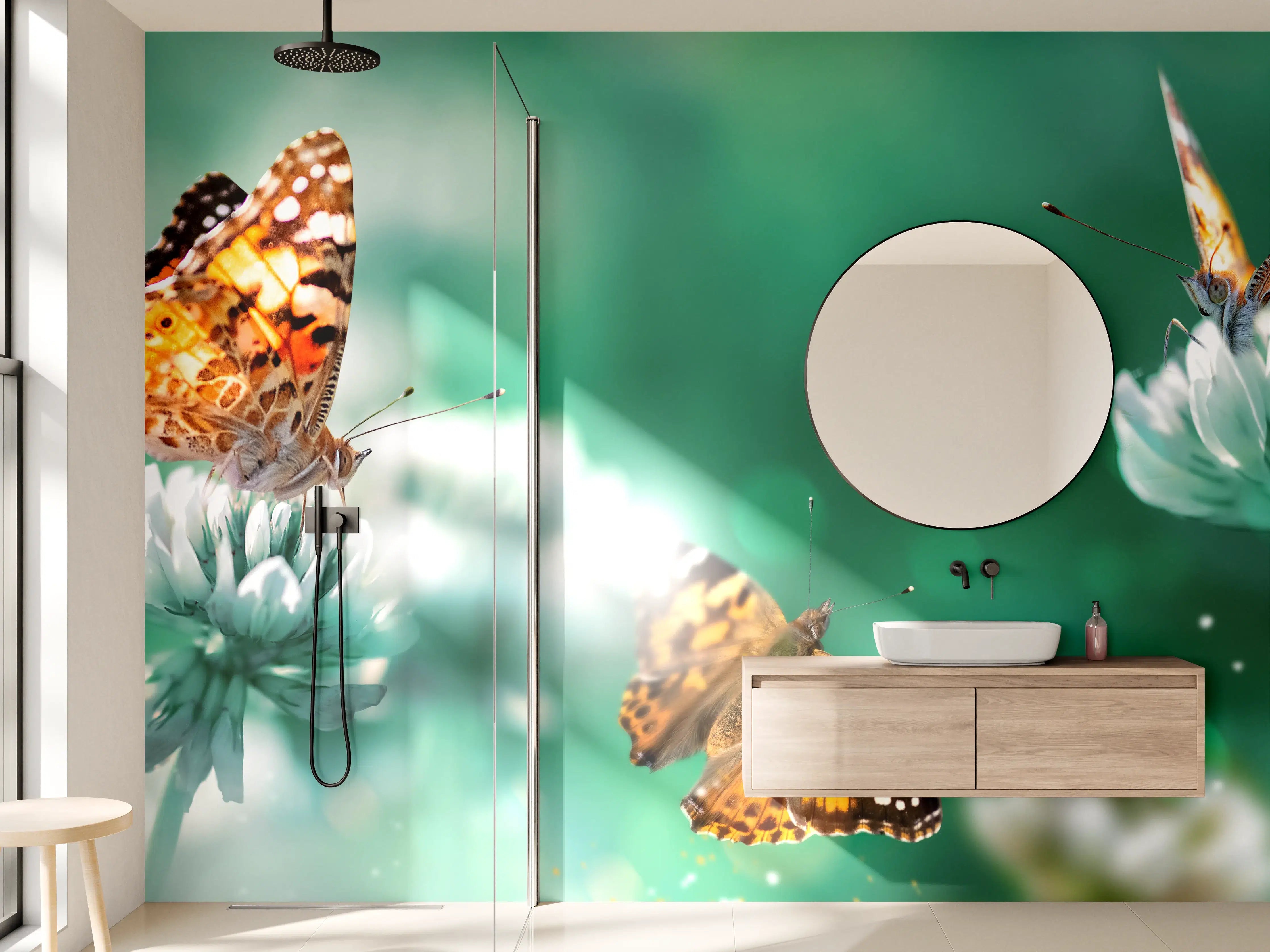 Wandverkleidung Bad - Schmetterling auf Weißkleeblüten