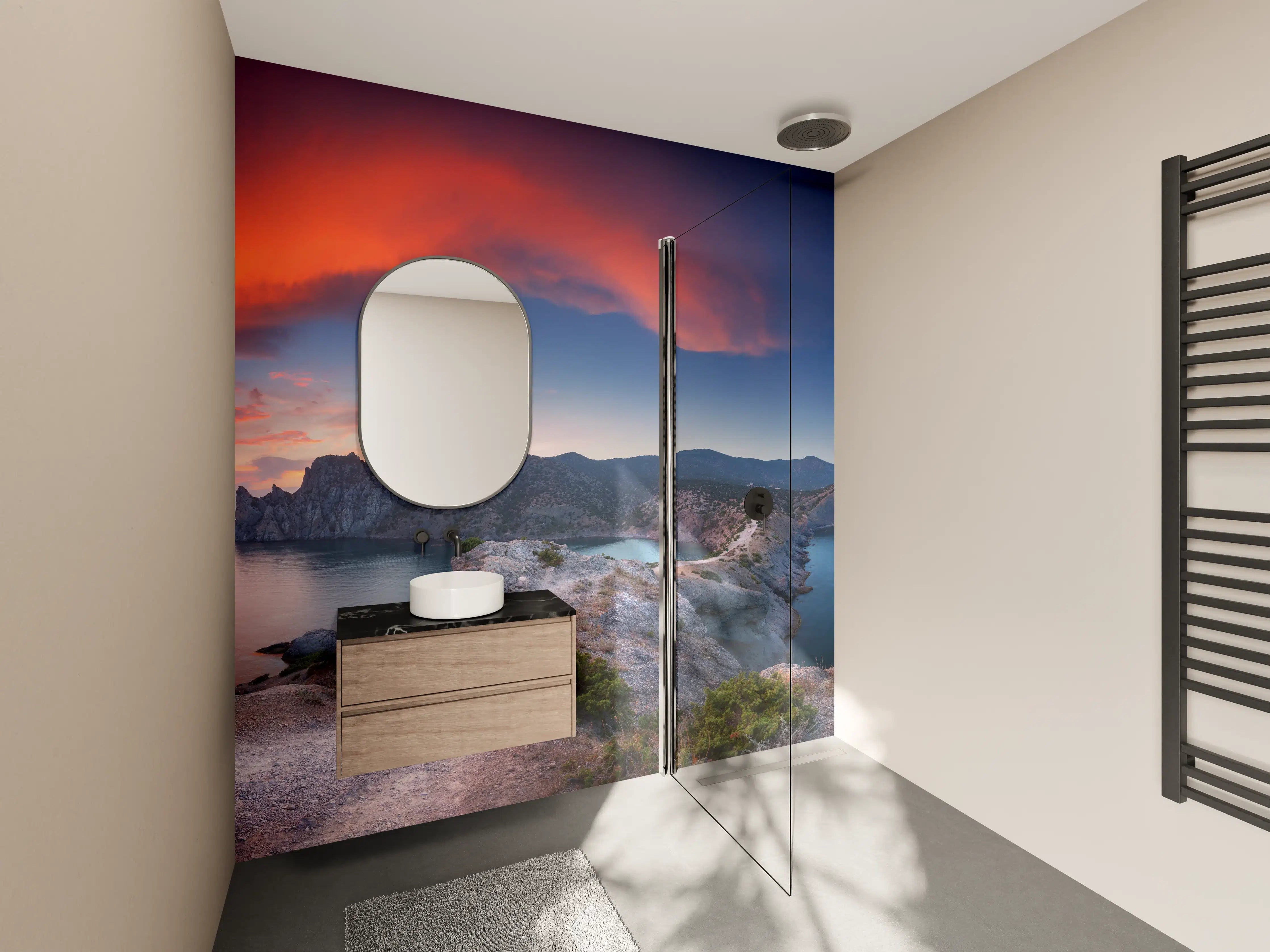 Wandverkleidung Bad - Schöne Panoramalandschaft mit Bergen