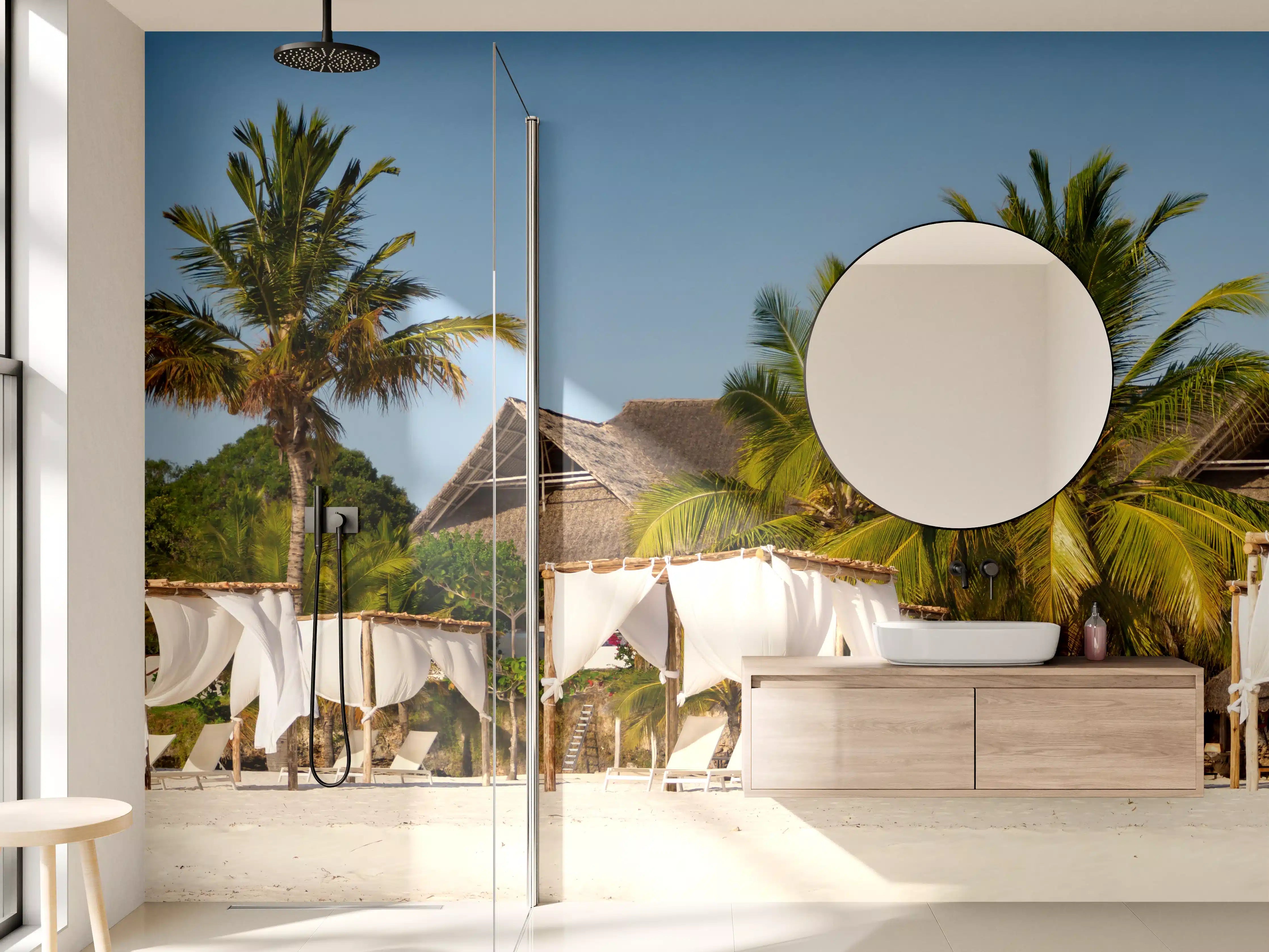 Wandverkleidung Bad - Schöner Strand mit Liegen