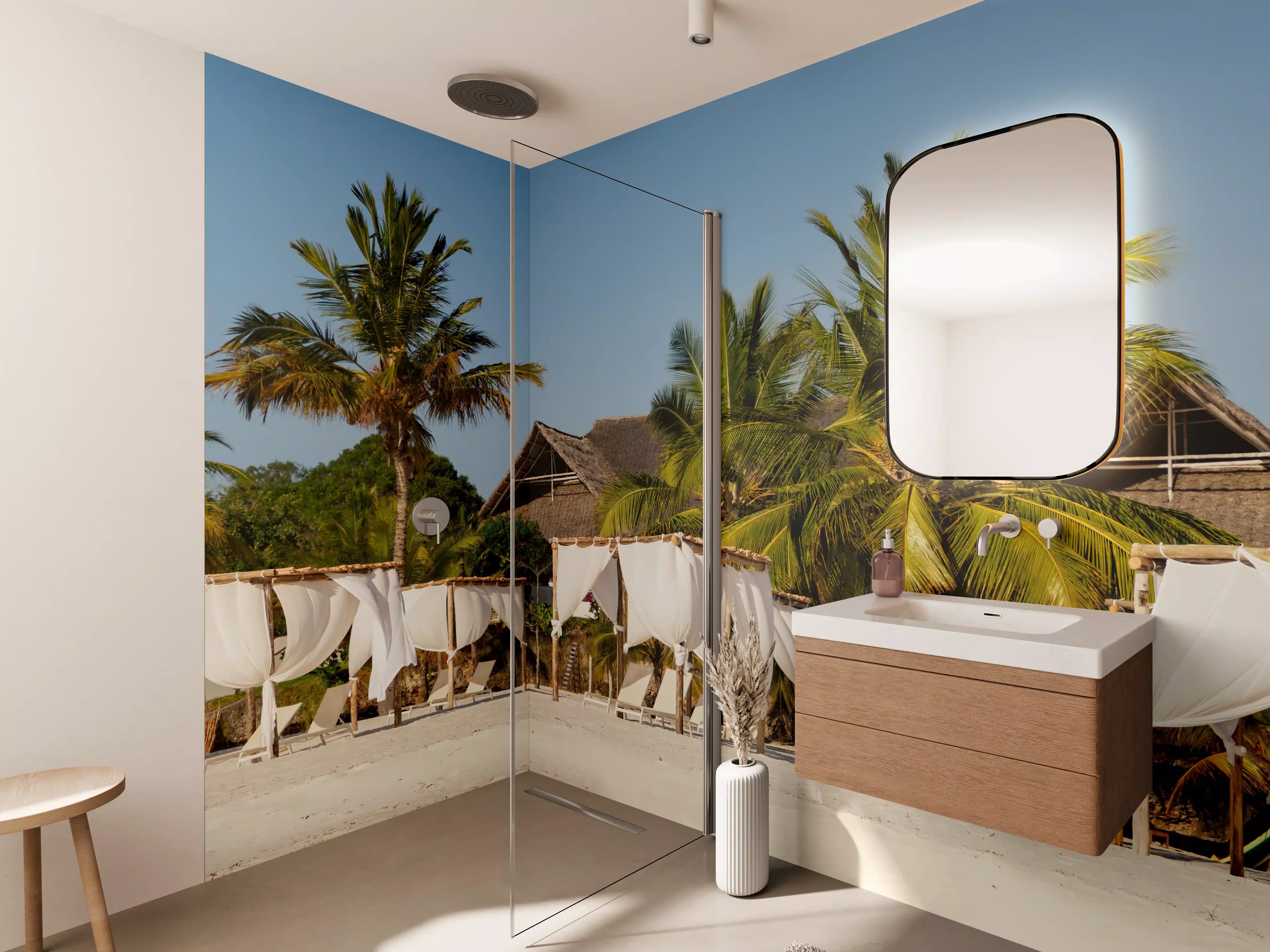 Wandverkleidung Bad - Schöner Strand mit Liegen