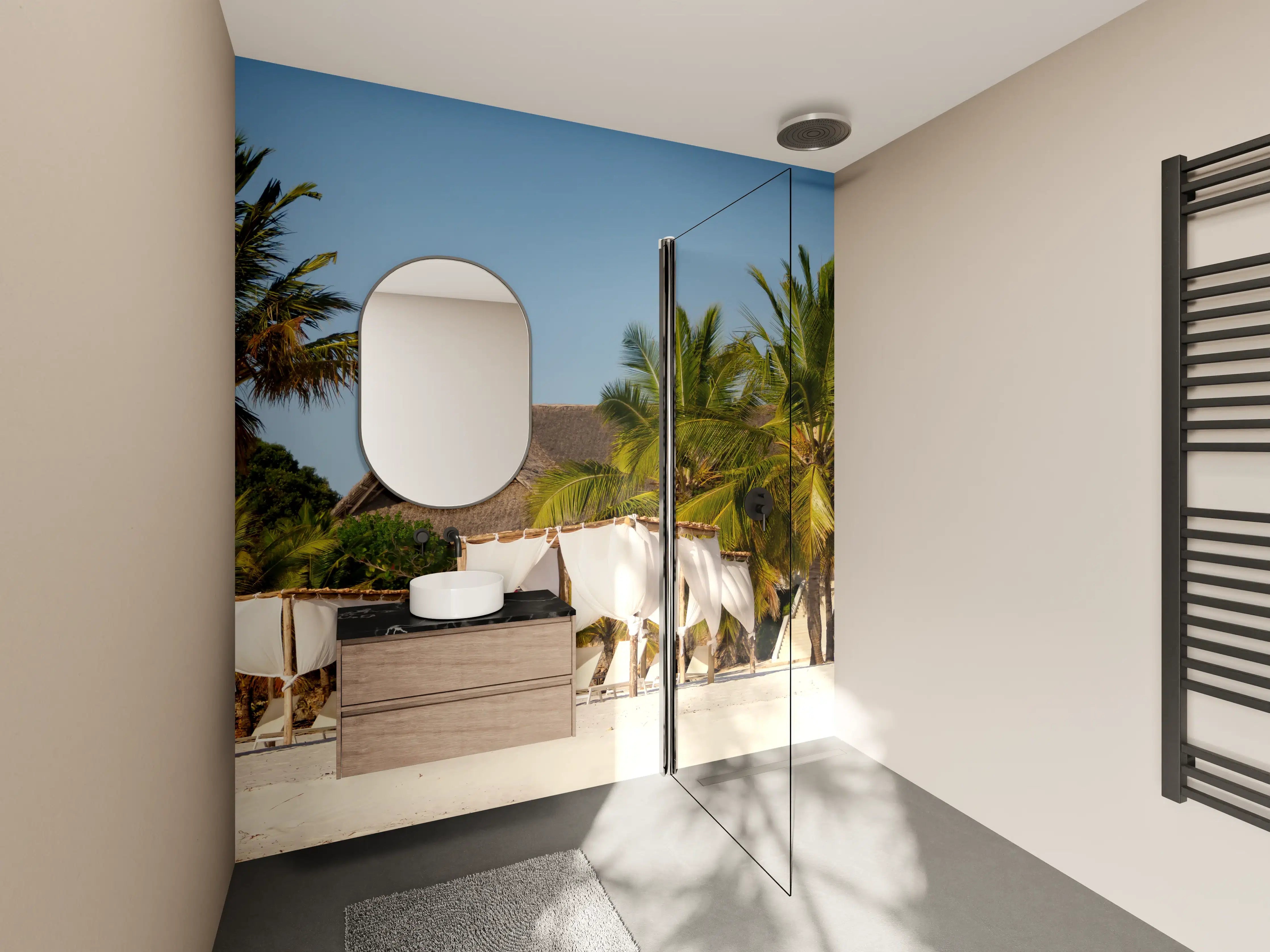 Wandverkleidung Bad - Schöner Strand mit Liegen