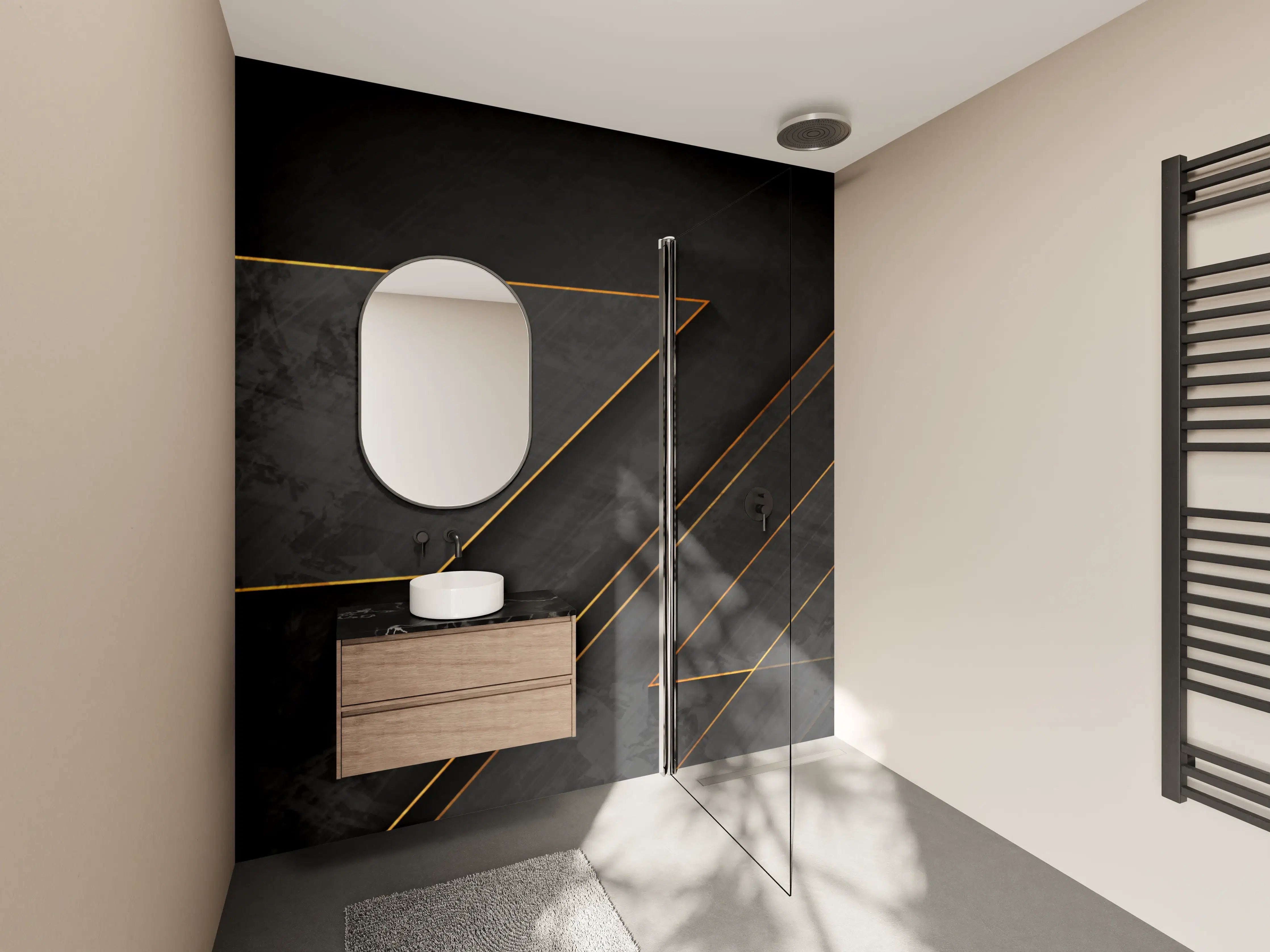 Wandverkleidung Bad - Schwarz-Gold-Linien-Design mit Metallakzenten