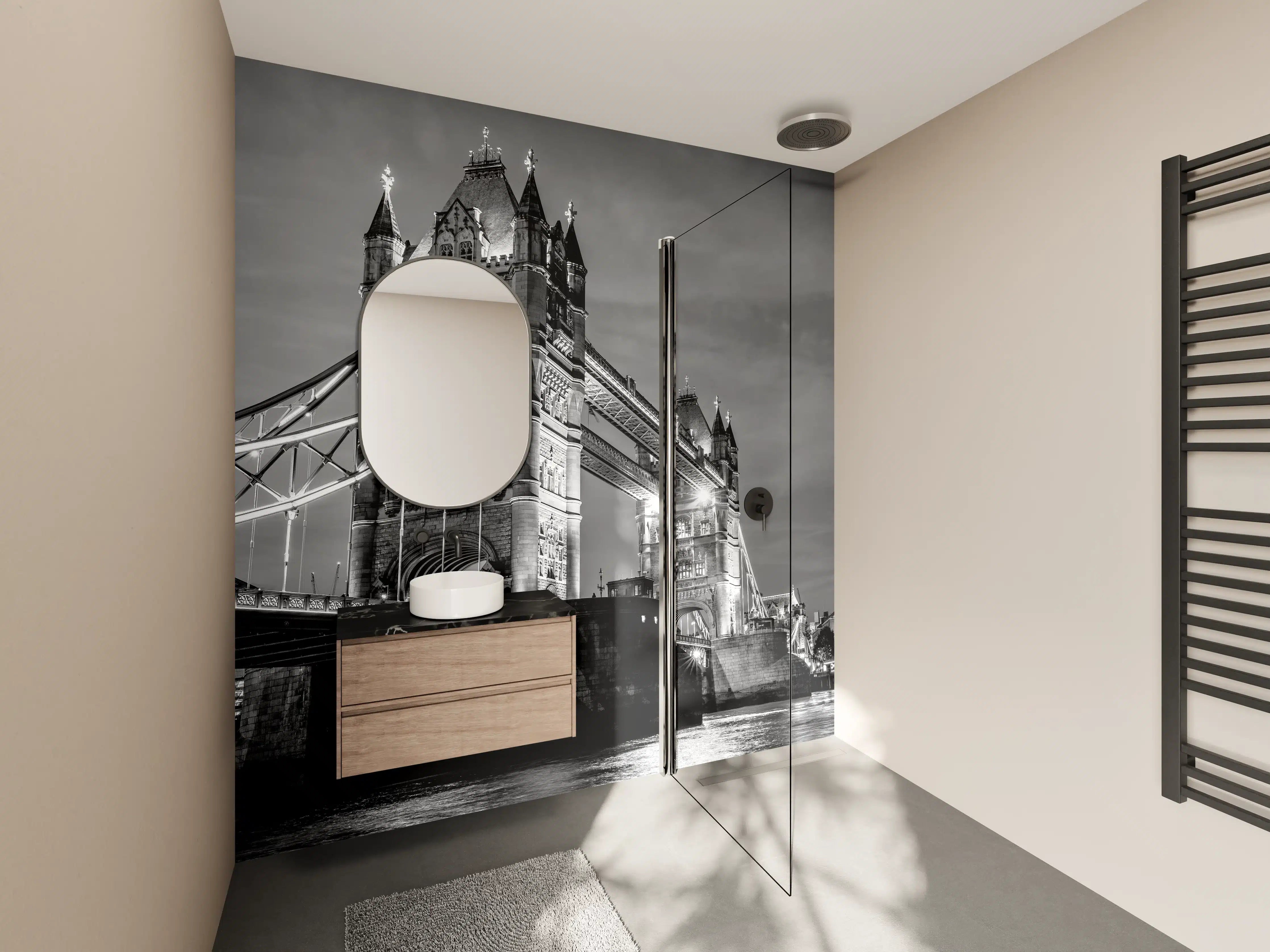 Wandverkleidung Bad - Schwarz-Weiß-Aufnahme der Tower Bridge bei Nacht