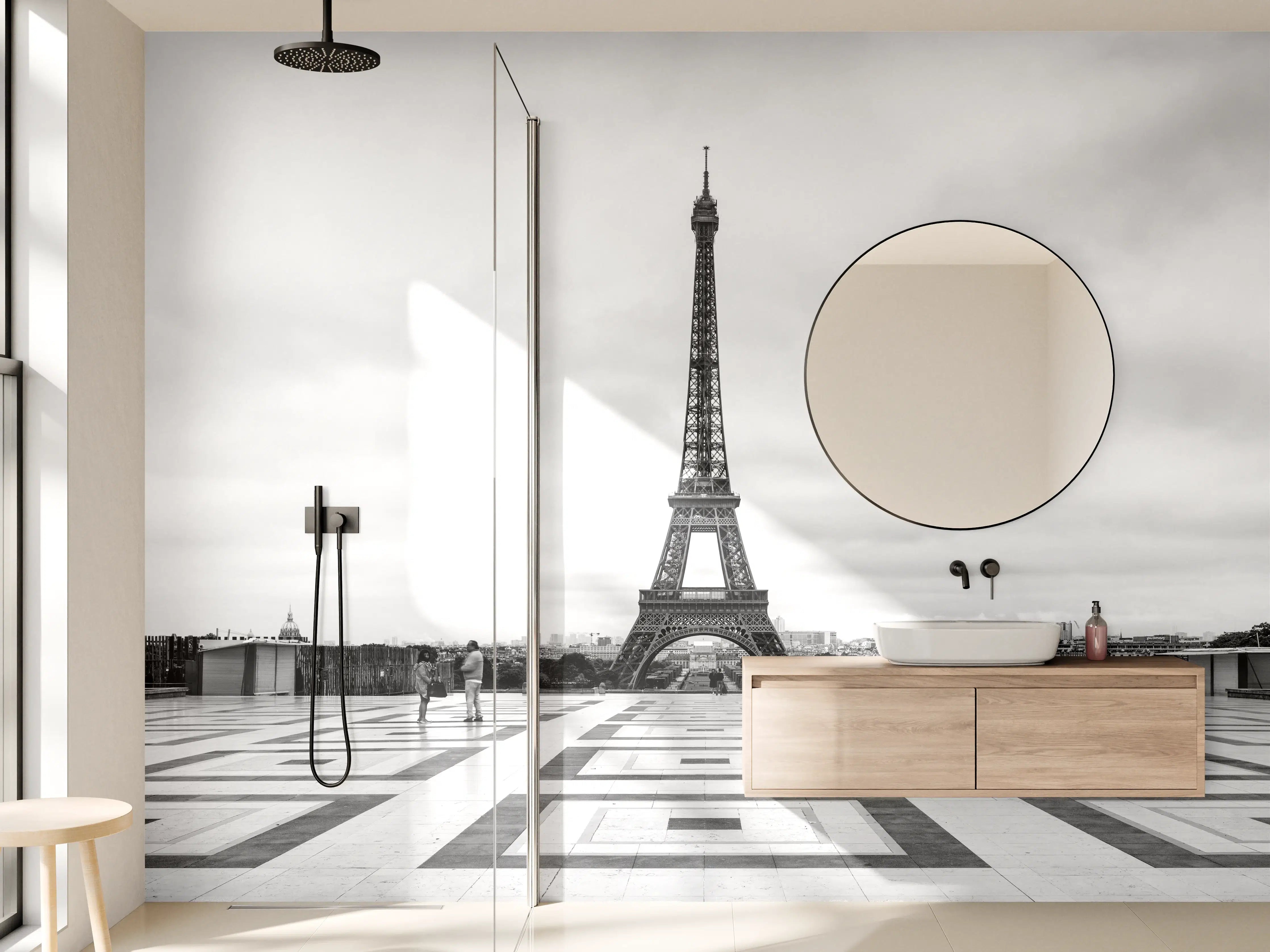 Wandverkleidung Bad - Schwarz-Weiß-Illusion des Eiffelturms