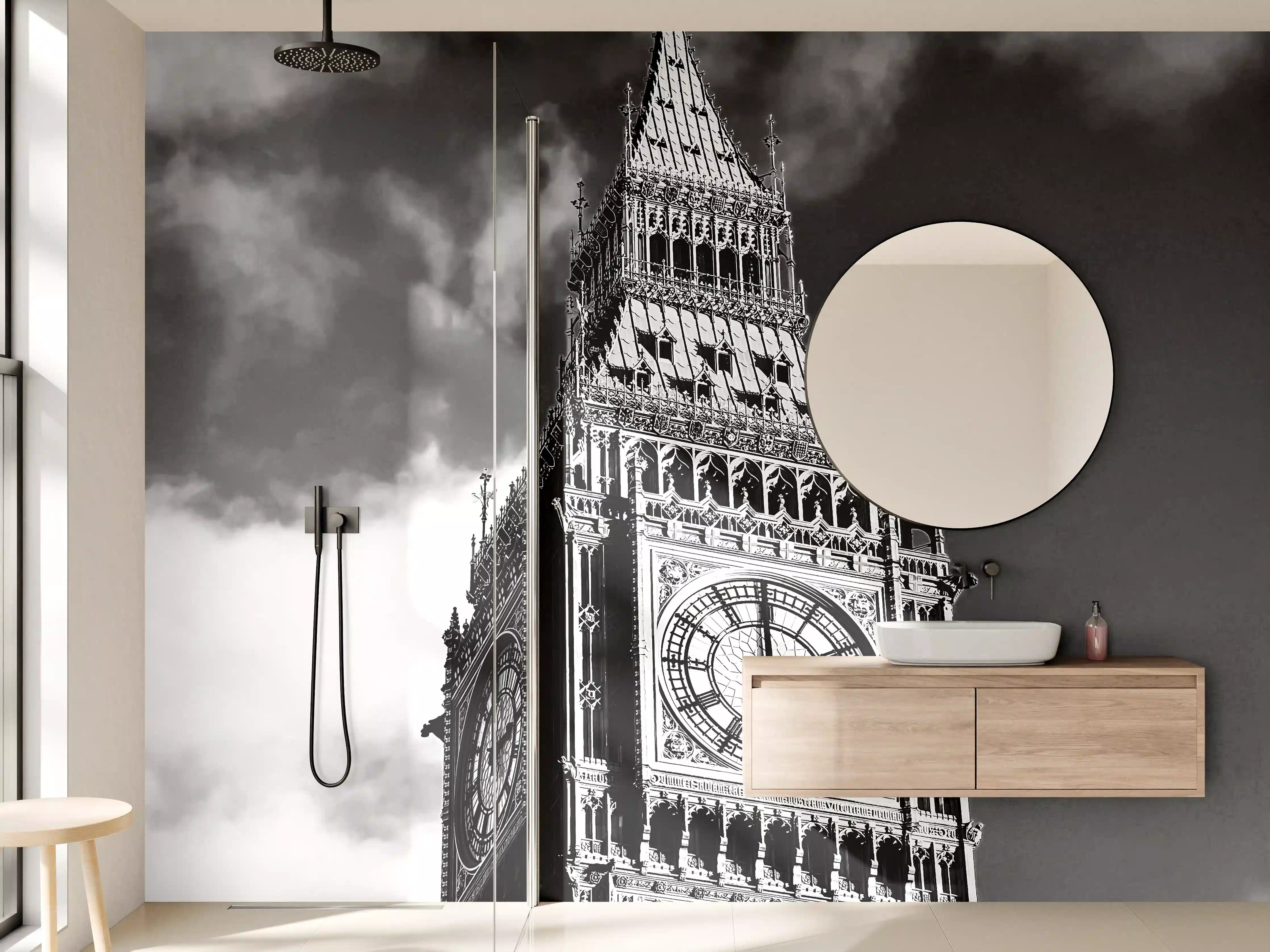 Wandverkleidung Bad - Schwarz-Weiß-London-Uhrenturm