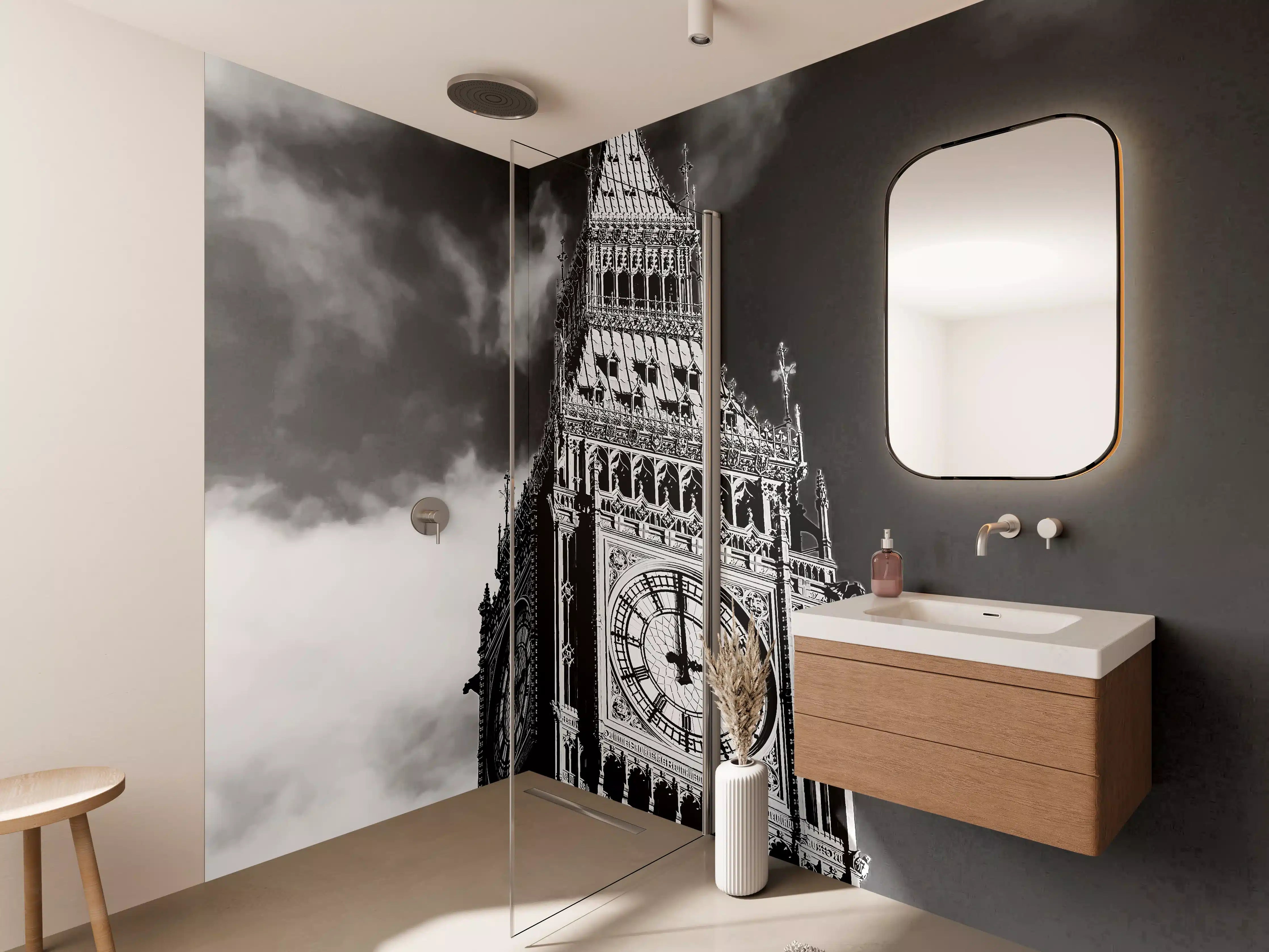 Wandverkleidung Bad - Schwarz-Weiß-London-Uhrenturm