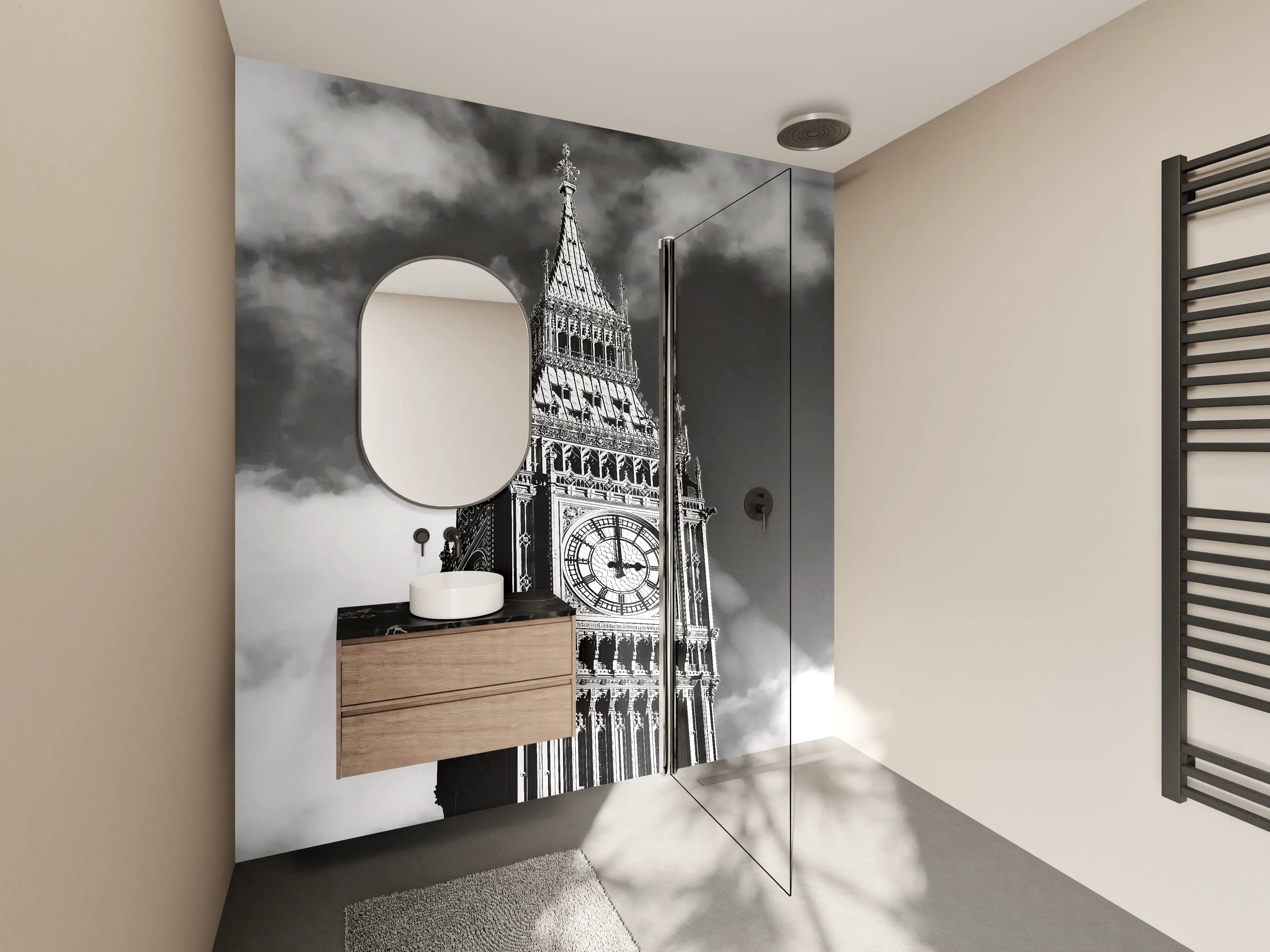 Wandverkleidung Bad - Schwarz-Weiß-London-Uhrenturm