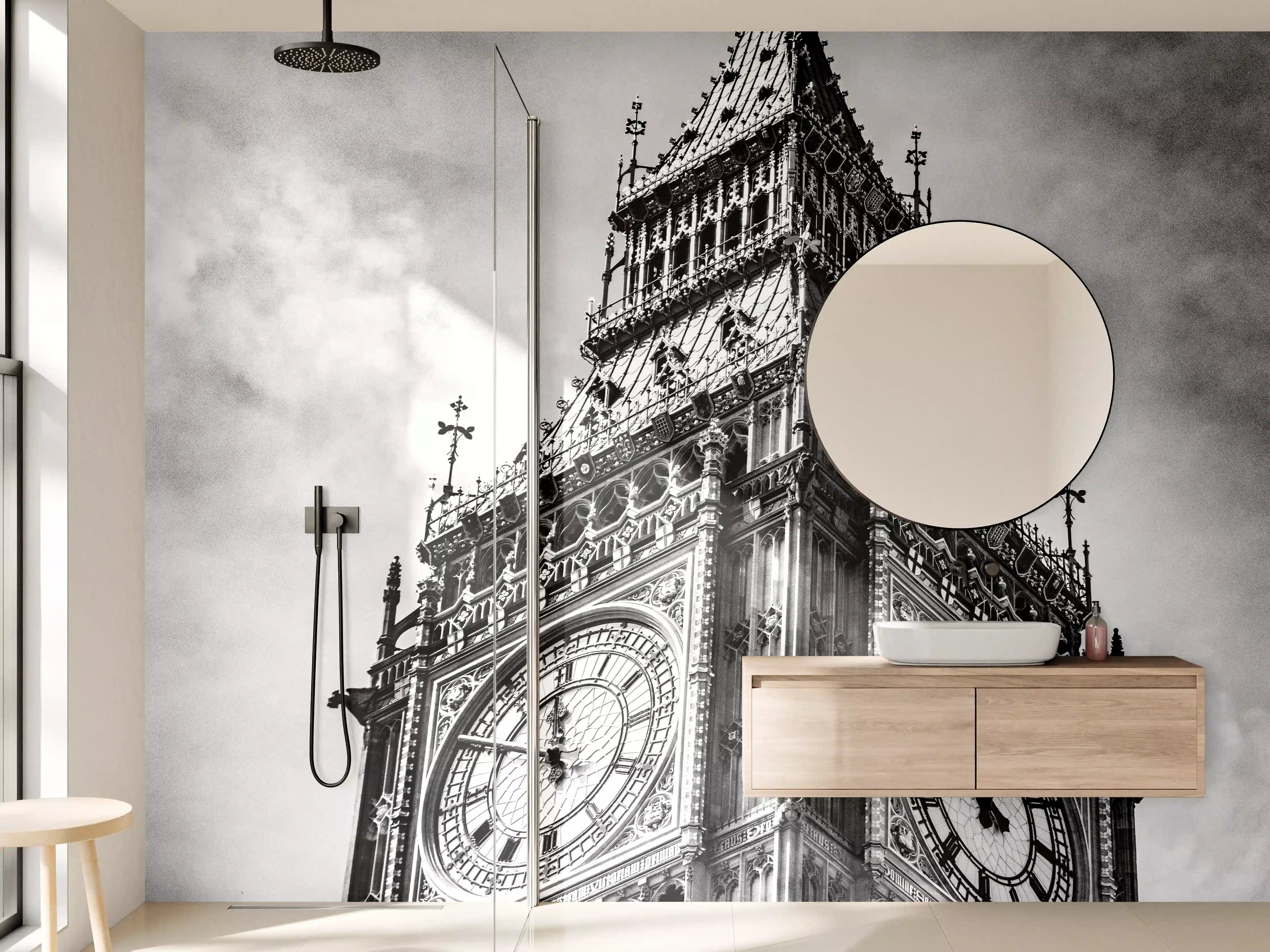 Wandverkleidung Bad - Schwarz-Weiß-Uhrturm im Gothic-Stil