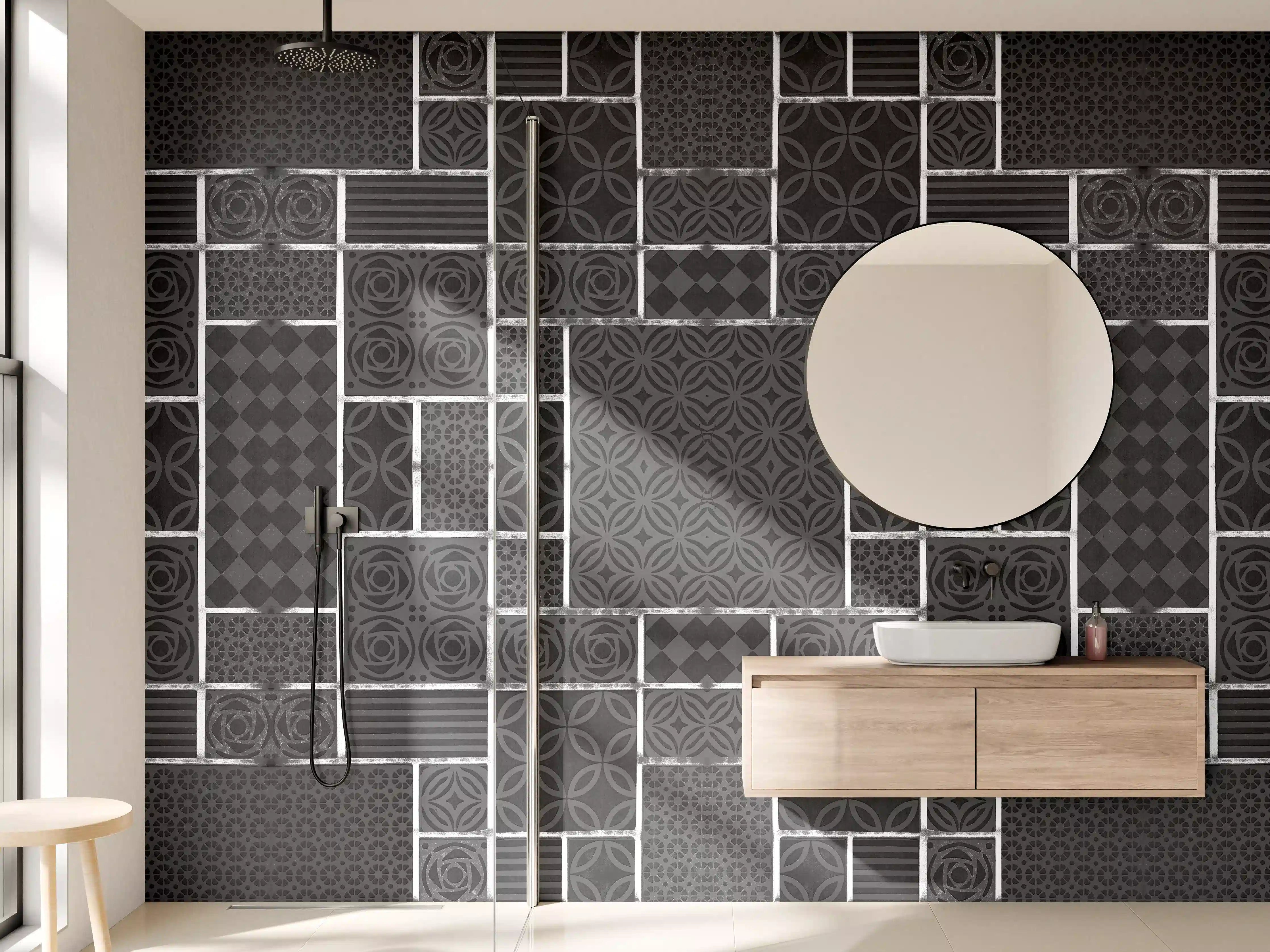 Wandverkleidung Bad - Schwarz geometrische Fliesen