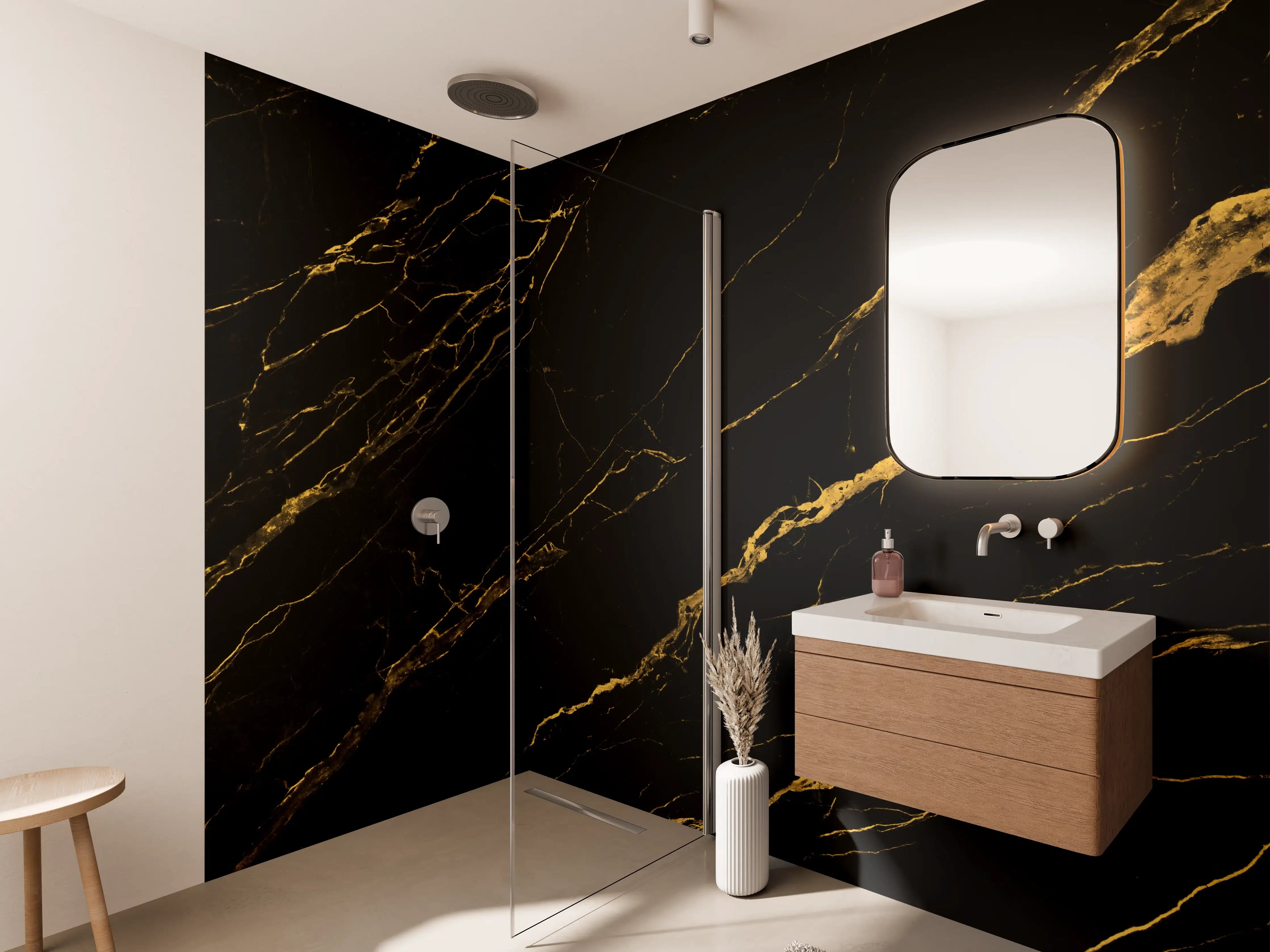 Wandverkleidung Bad - Schwarz goldener Marmor