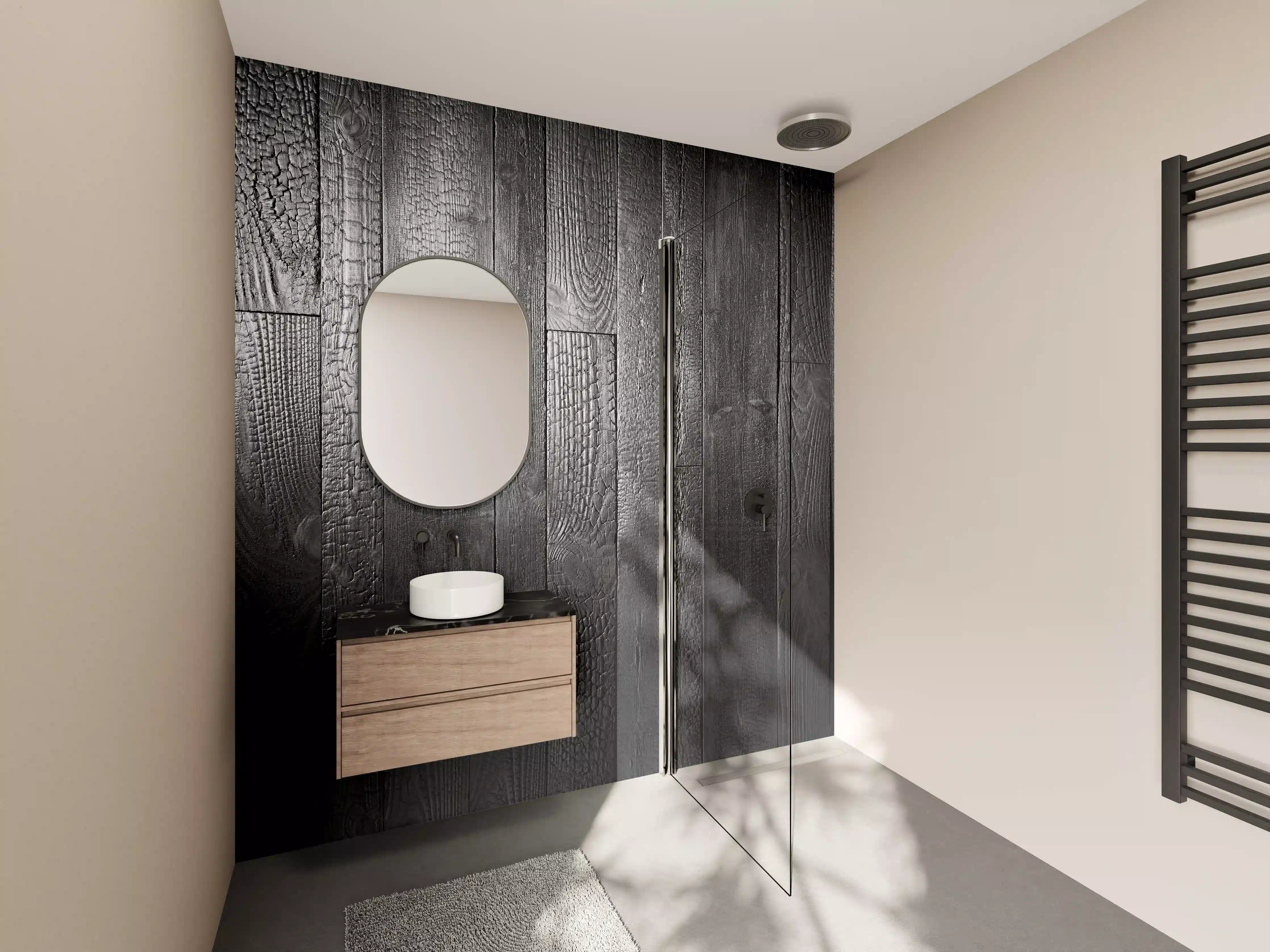 Wandverkleidung Bad - Schwarze Holzdielen in dunklem Finish