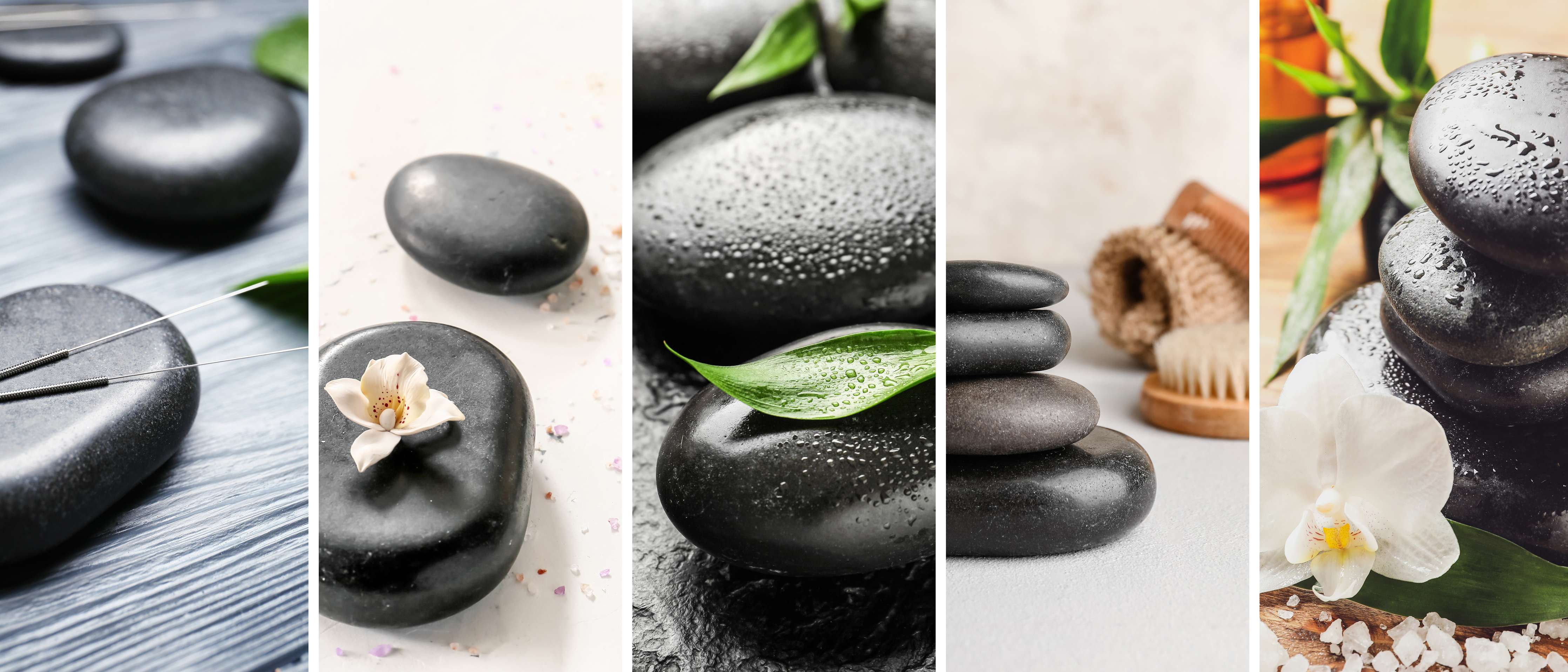 Wandverkleidung Bad-Schwarze Steine mit Wasser und Bambus