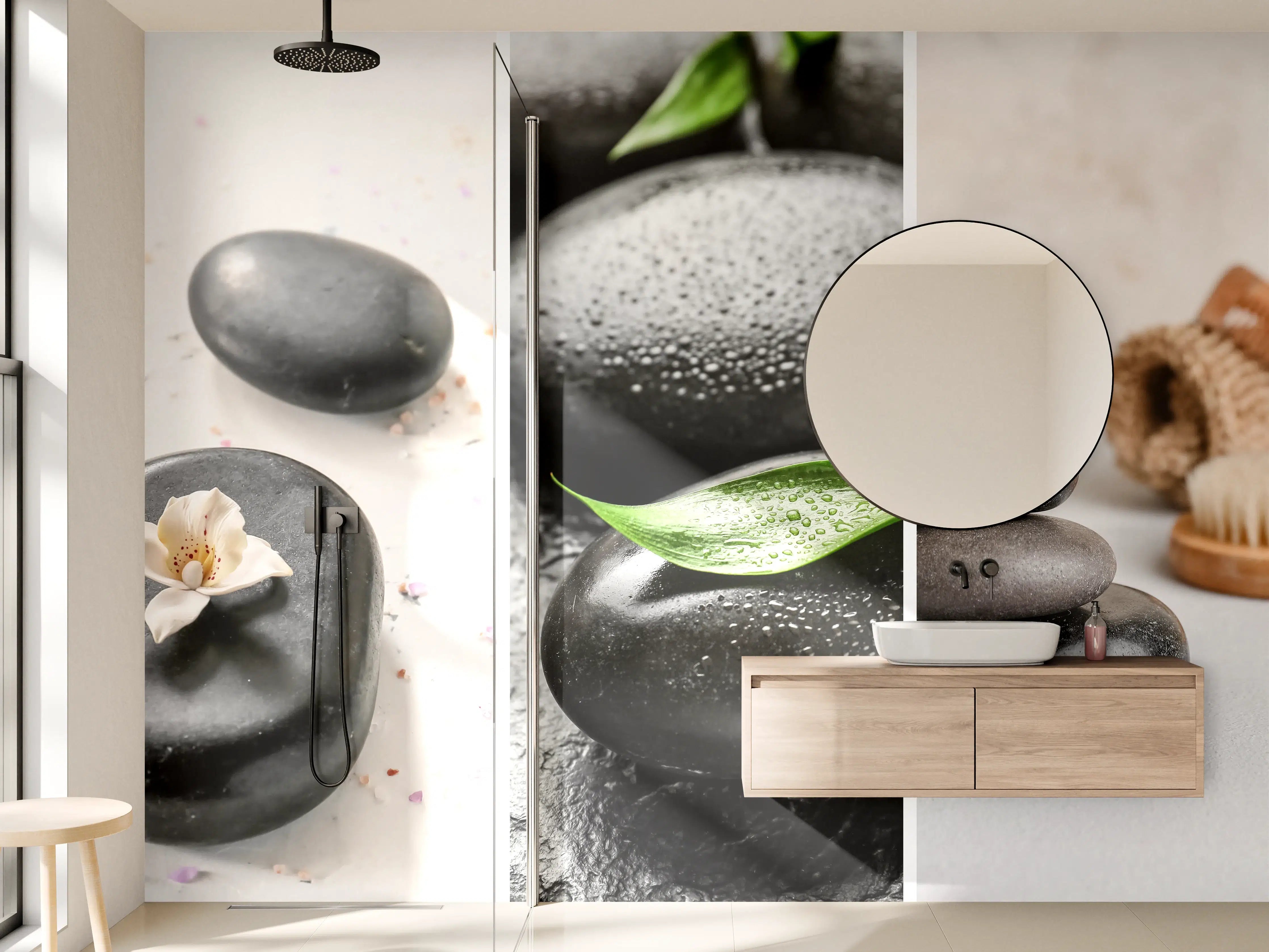 Wandverkleidung Bad - Schwarze Steine mit Wasser und Bambus