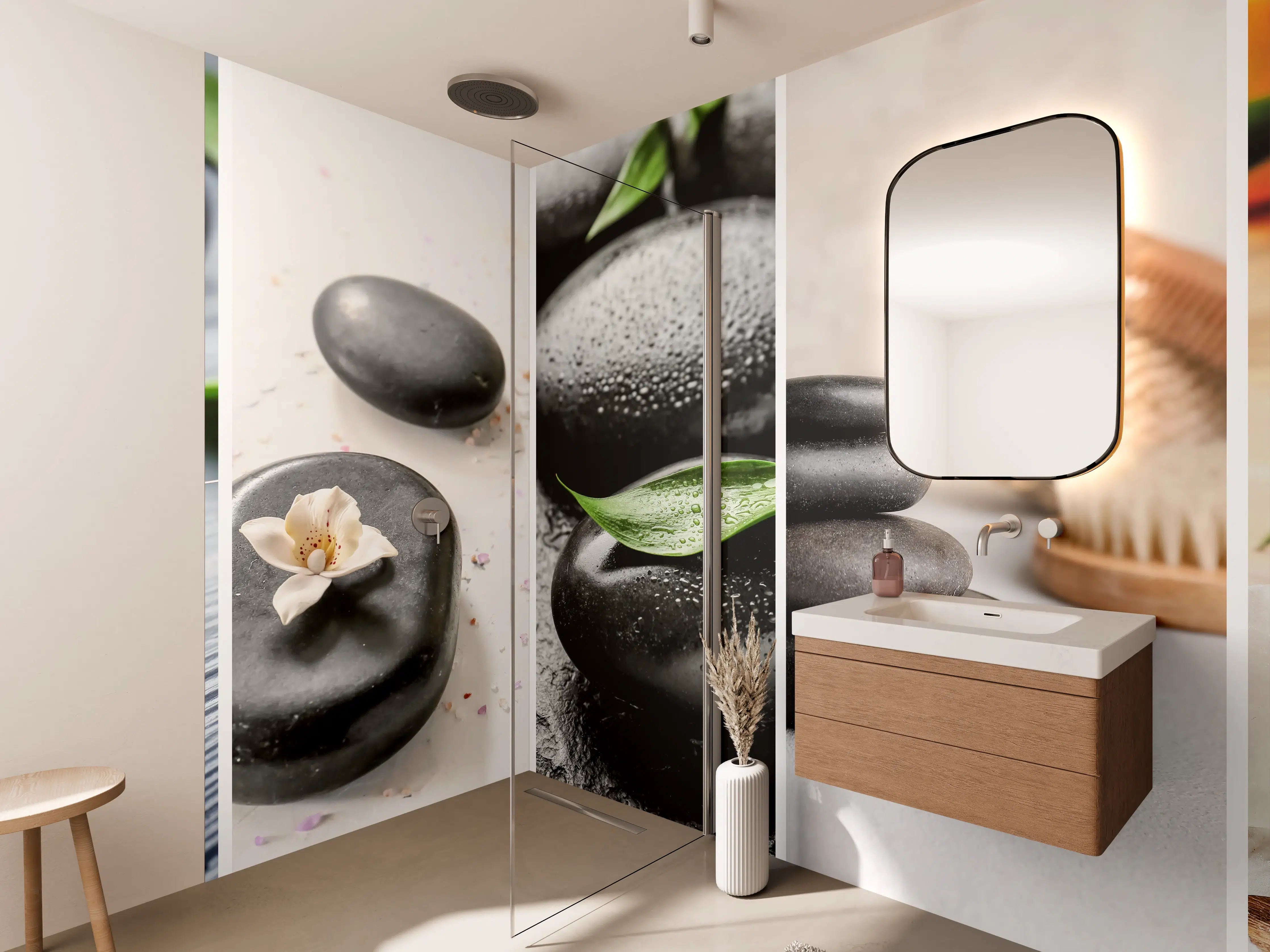 Wandverkleidung Bad - Schwarze Steine mit Wasser und Bambus