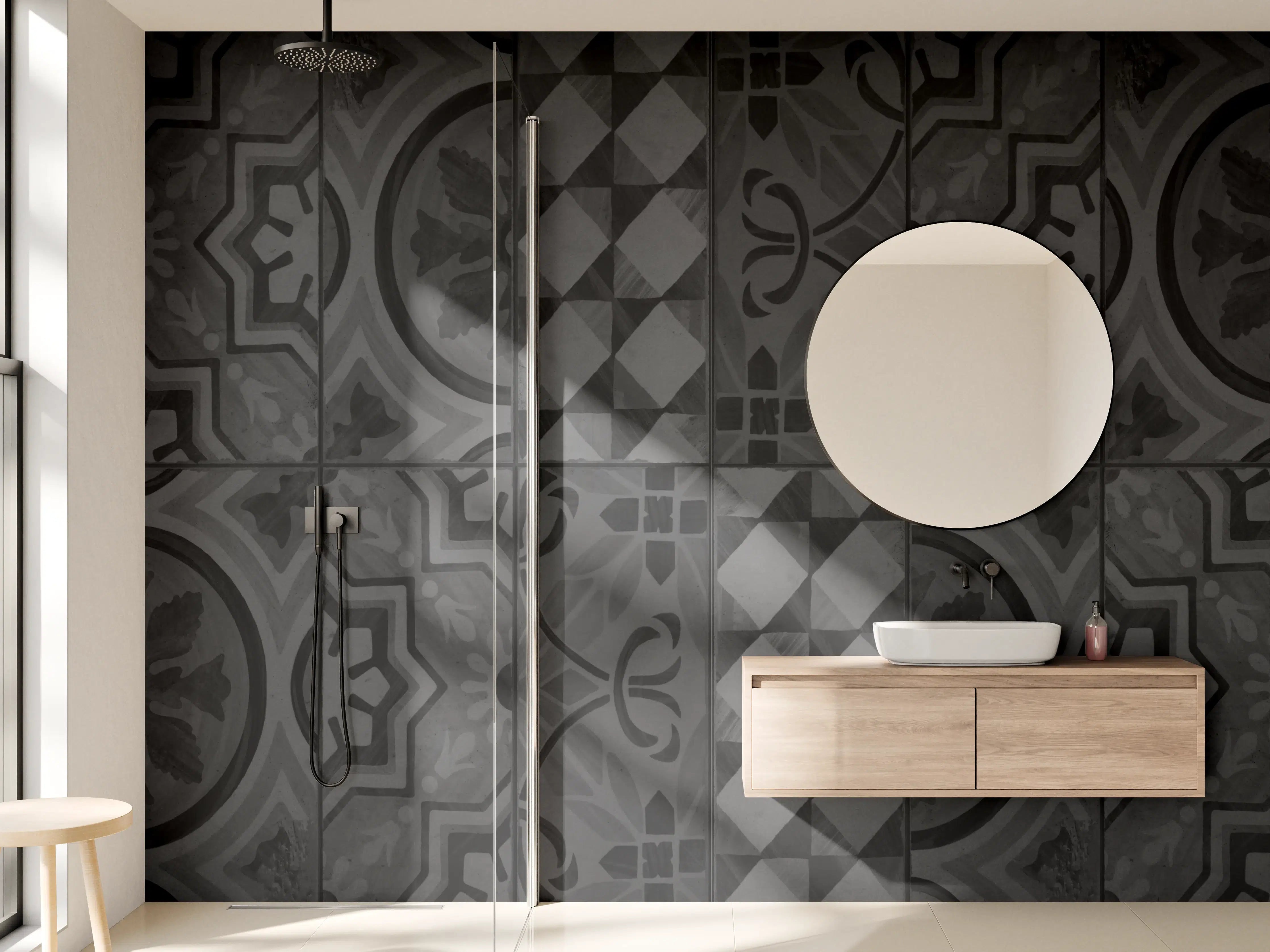 Wandverkleidung Bad - Schwarze geometrisch rechteckige Fliesen